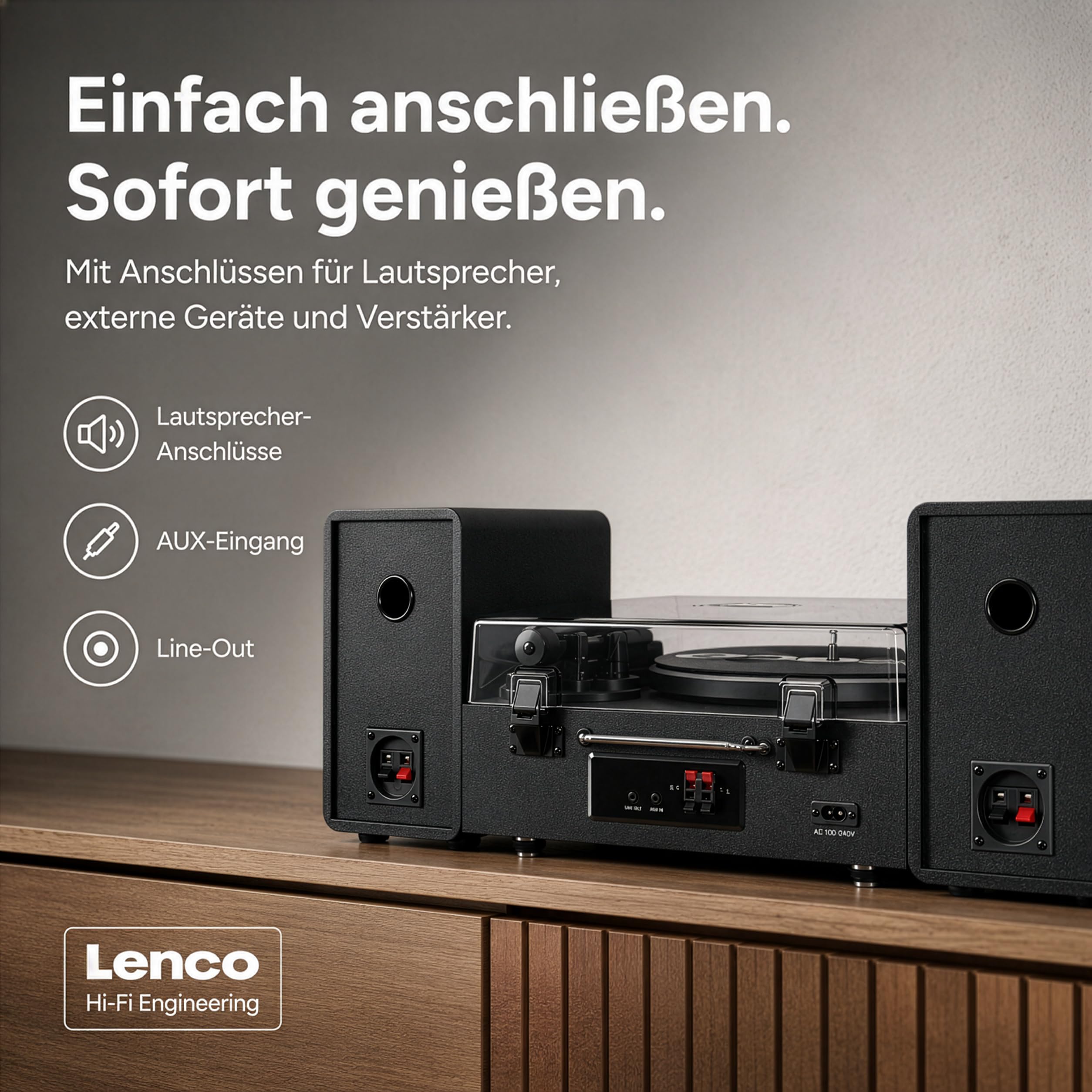Lenco MC-760BK Plattenspieler mit Lautsprecher - Schallplattenspieler 60 W - Vinyl Player Bluetooth 5.3 - Record Player - DAB+ - Holz/Schwarz