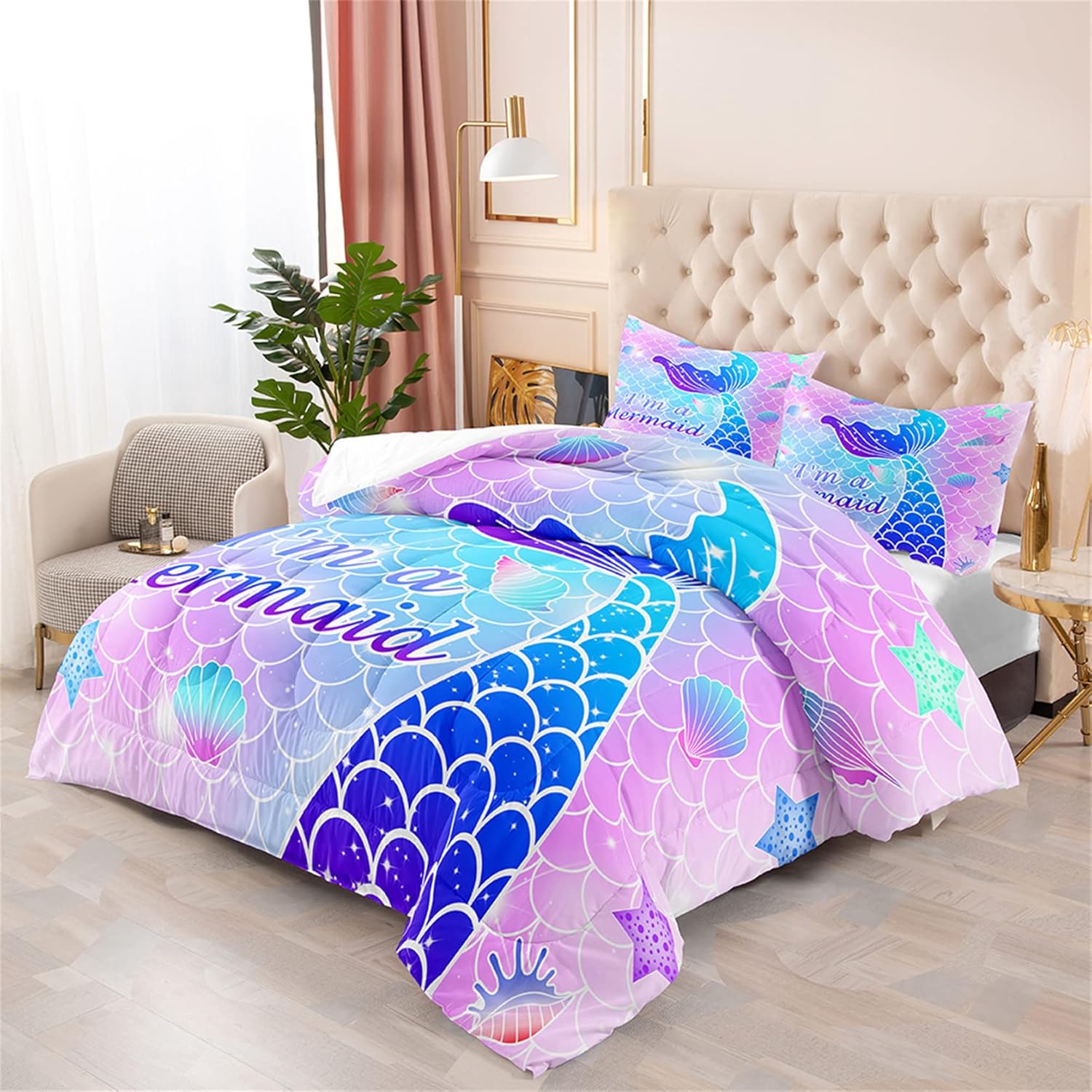 Pink Mermaid Full Size Bedding Set for Girls, 3Pcs Comforter Set With 2 Pillowcases, Ultra Soft Breathable Skin Surface Scales Quilt
