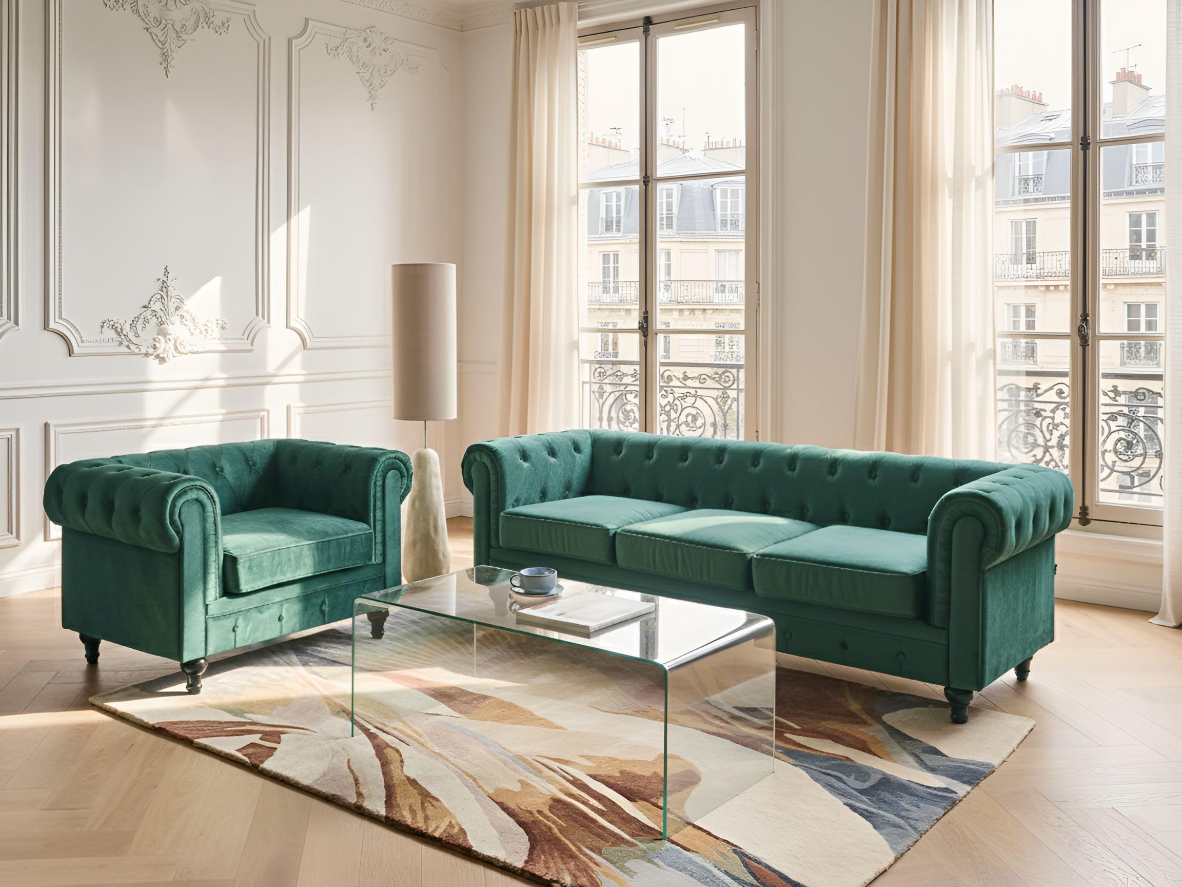 Wohnzimmer Set Sofa Sessel Samtstoff englischer Stil grün Chesterfield