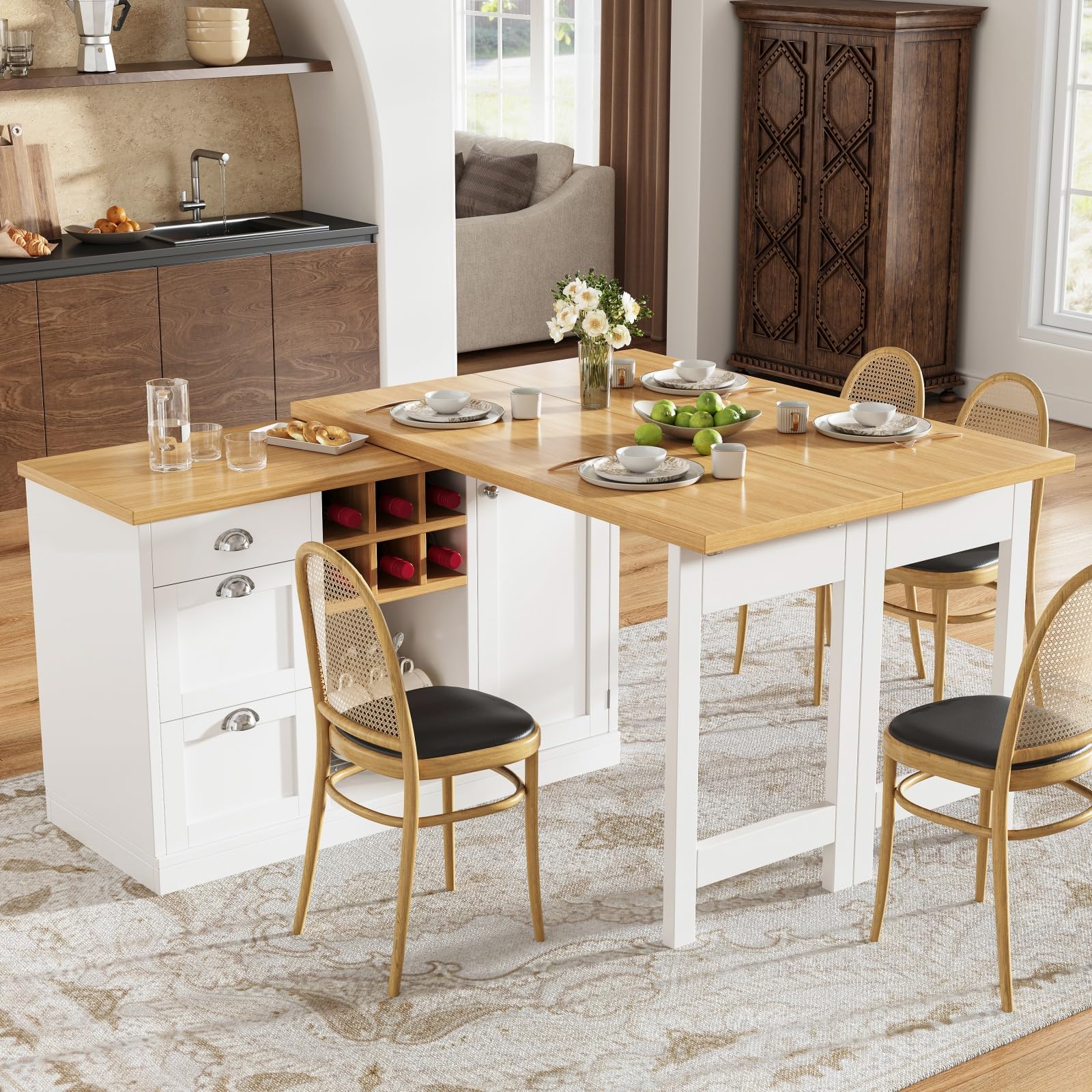 Isola da cucina espandibile con contenitore, 120-197 cm, 3 cassetti, tavolo da pranzo girevole a 360°, mobili da cucina moderni salvaspazio per piccoli spazi