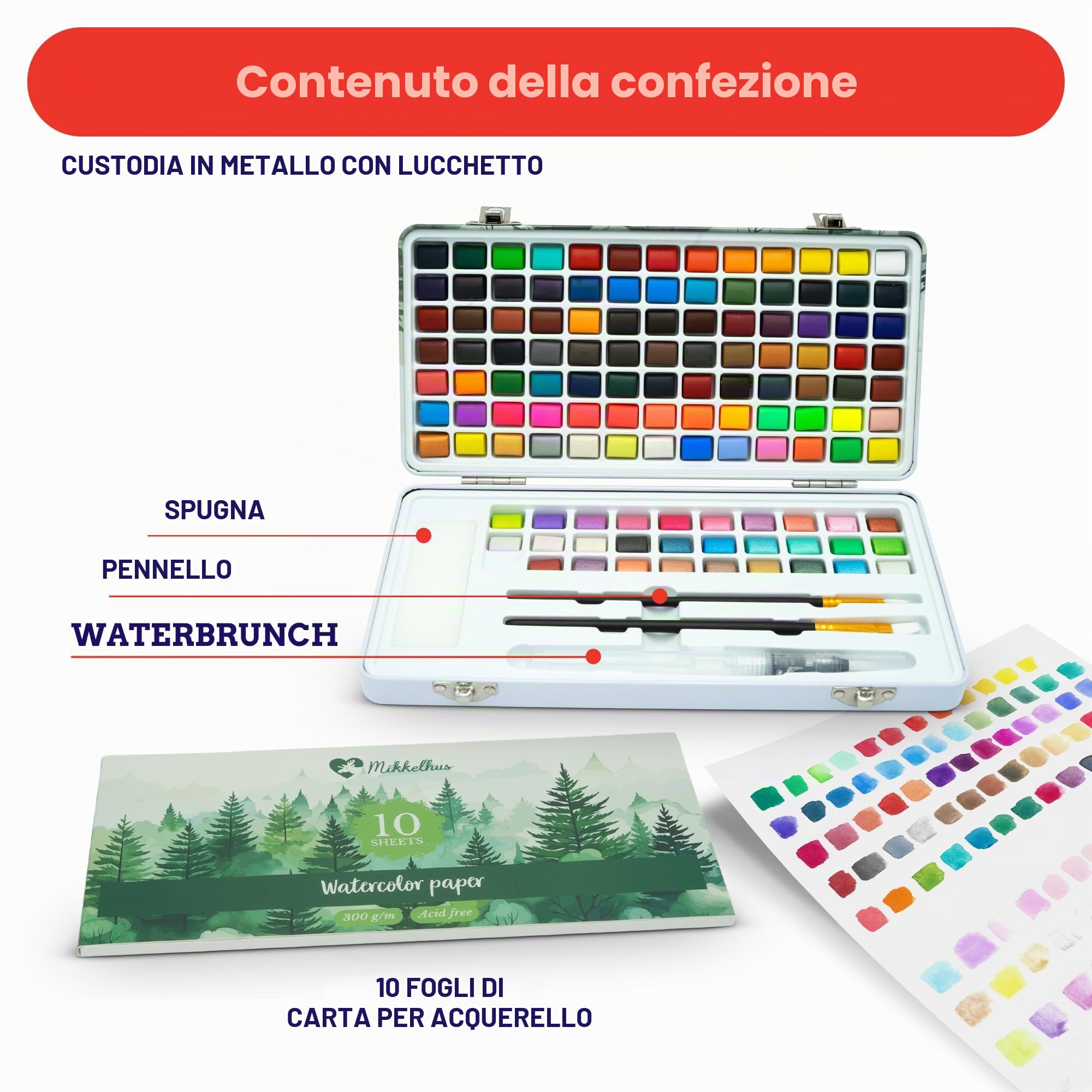 Set di colori ad acquerello, 120 colori in scatola con pennello e carta, set di pittura ad acquerello di alta qualità per artisti, confezione regalo con colori metallizzati e fluorescenti