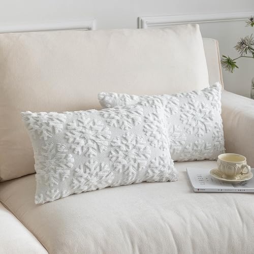 SHITURRE Christmas Snowflake Decorative Throw Pillow Covers Set of 2 Packs, Soft Fluffy Pillowcases for Home Décor, Boho Pillow Covers for Couch Bedroom(White-Snowflake, 12"x20")