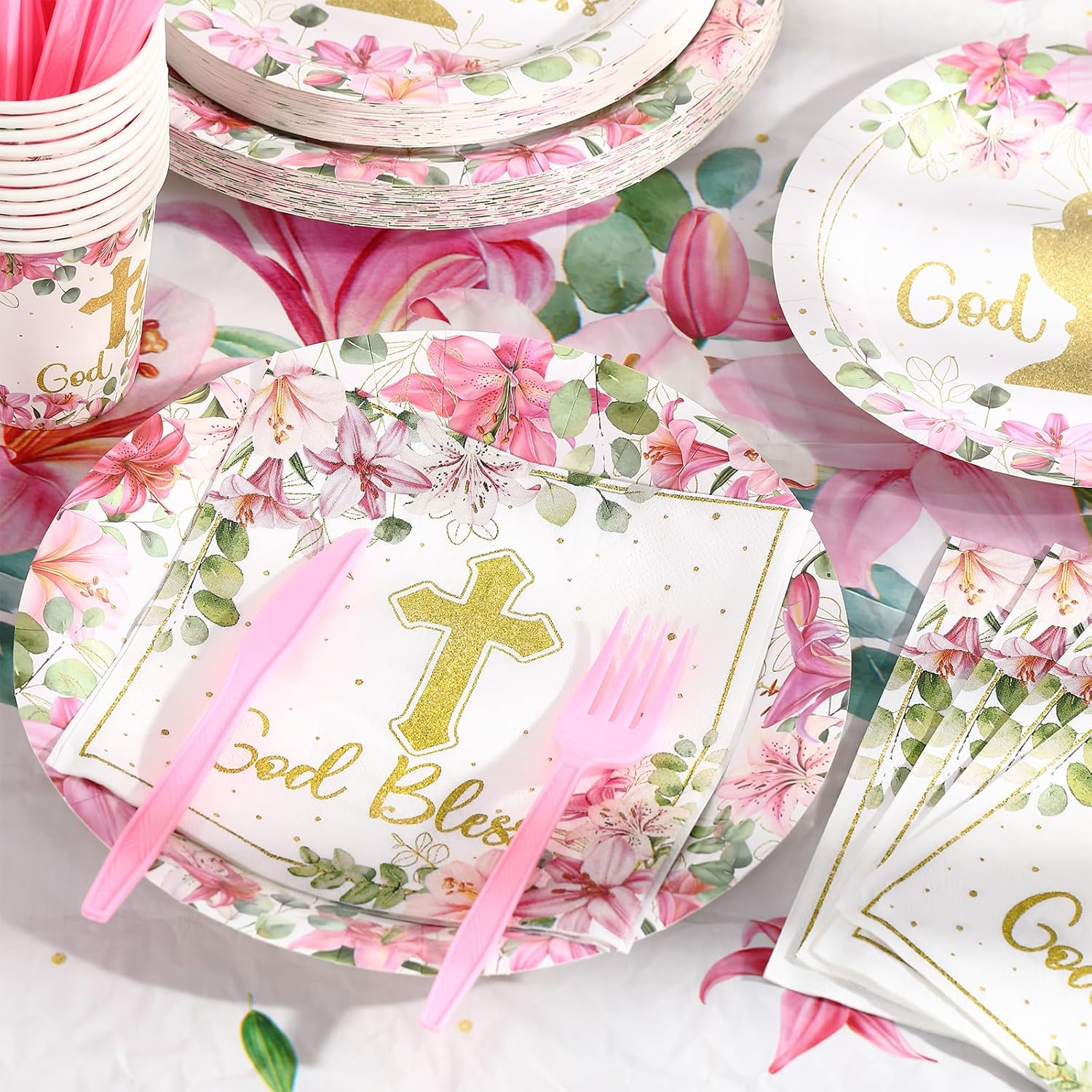 Yungyan 171 Pieces God Bless Baptism Party Supplies First Communion Tableware Set Serves 24 Guests Baptism Plates Napkins Cups Tablecloth for Newborn Baby Shower Christening Party Decoration (Pink)