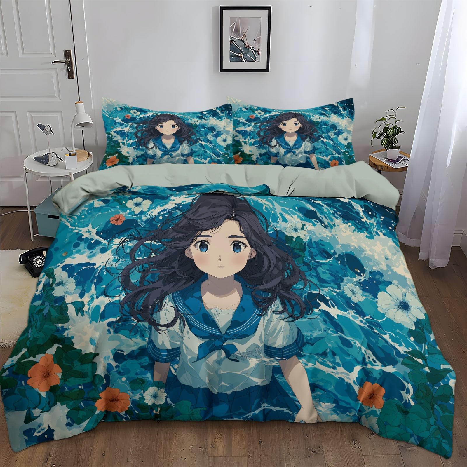Zestaw poszewek na kołdrę w stylu anime, kreskówka, dziewczyna, rozmiar pojedynczy, 135 x 200 cm, z 2 poszewkami na poduszki (50 x 75 cm), szałwiowa szara, łatwa pielęgnacja, miękka, przytulna