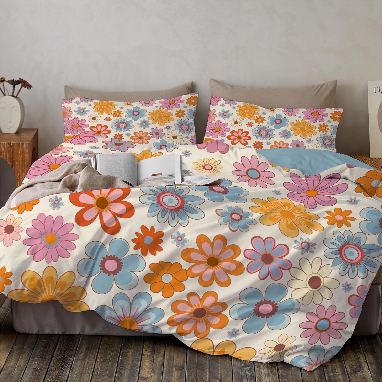 Housse de couette 220x240 fermeture éclair beige parure de lit fleurs entretien facile