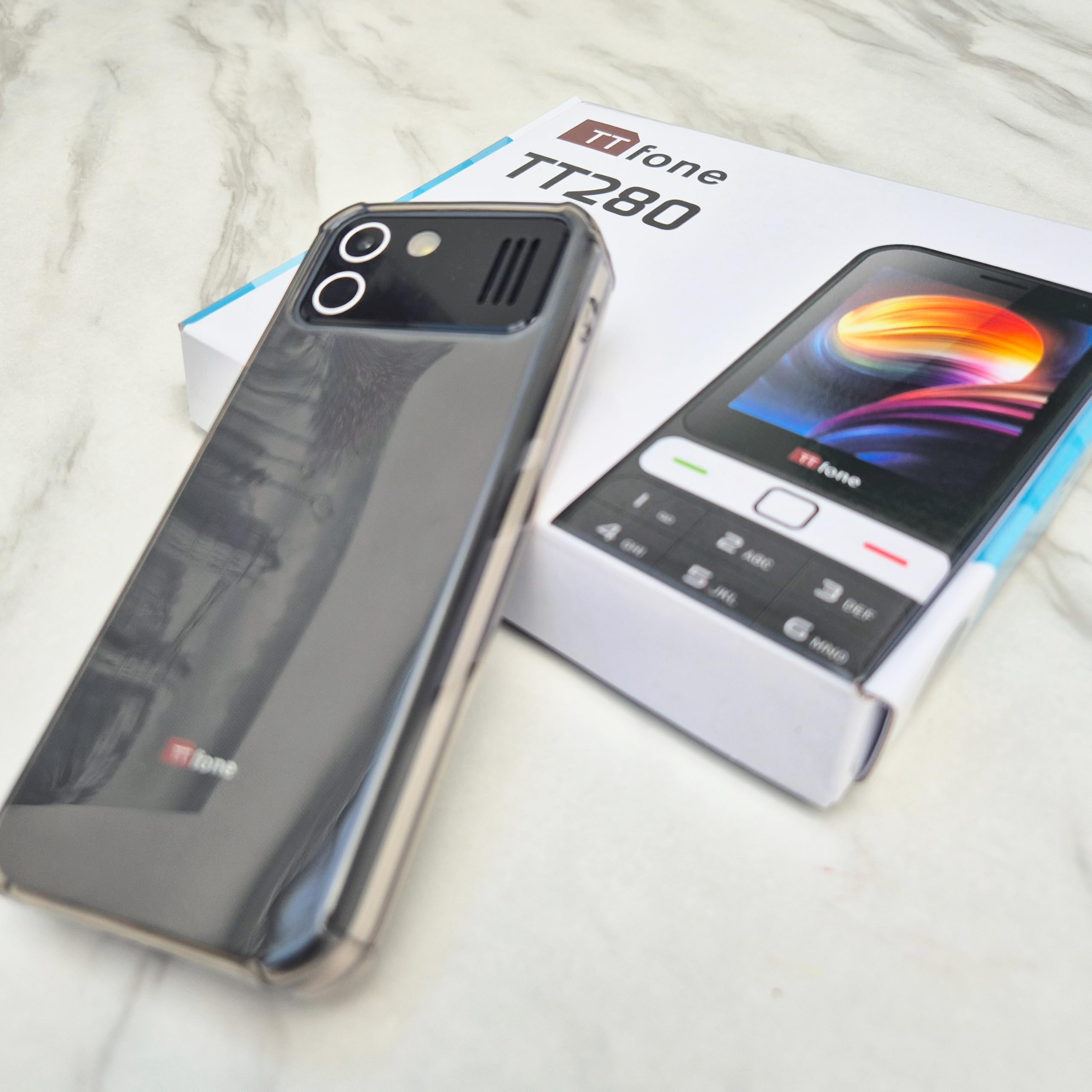 TTfone TT280 – Cellulare 4G Dual SIM con Android, touchscreen da 2,8", tastiera, fotocamera da 2 MP, USB-C, cover trasparente in silicone e base di ricarica con caricatore
