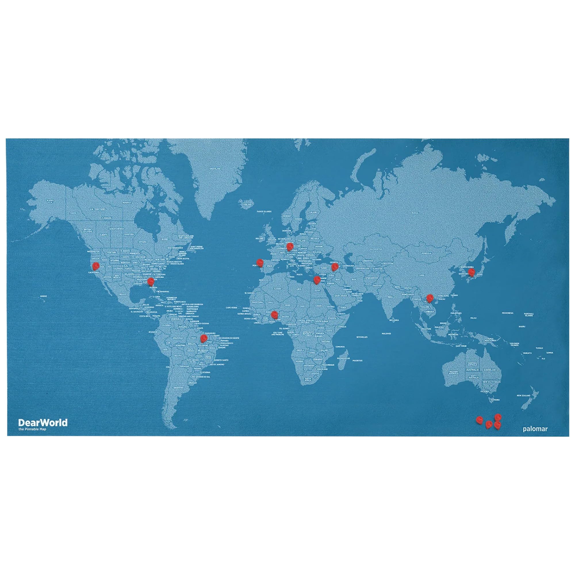 Dear World - Mappa del mondo su feltro con spilli, mappa del mondo con nomi di paesi e città, diario, per ufficio o casa (per paese, verde acqua, grande)