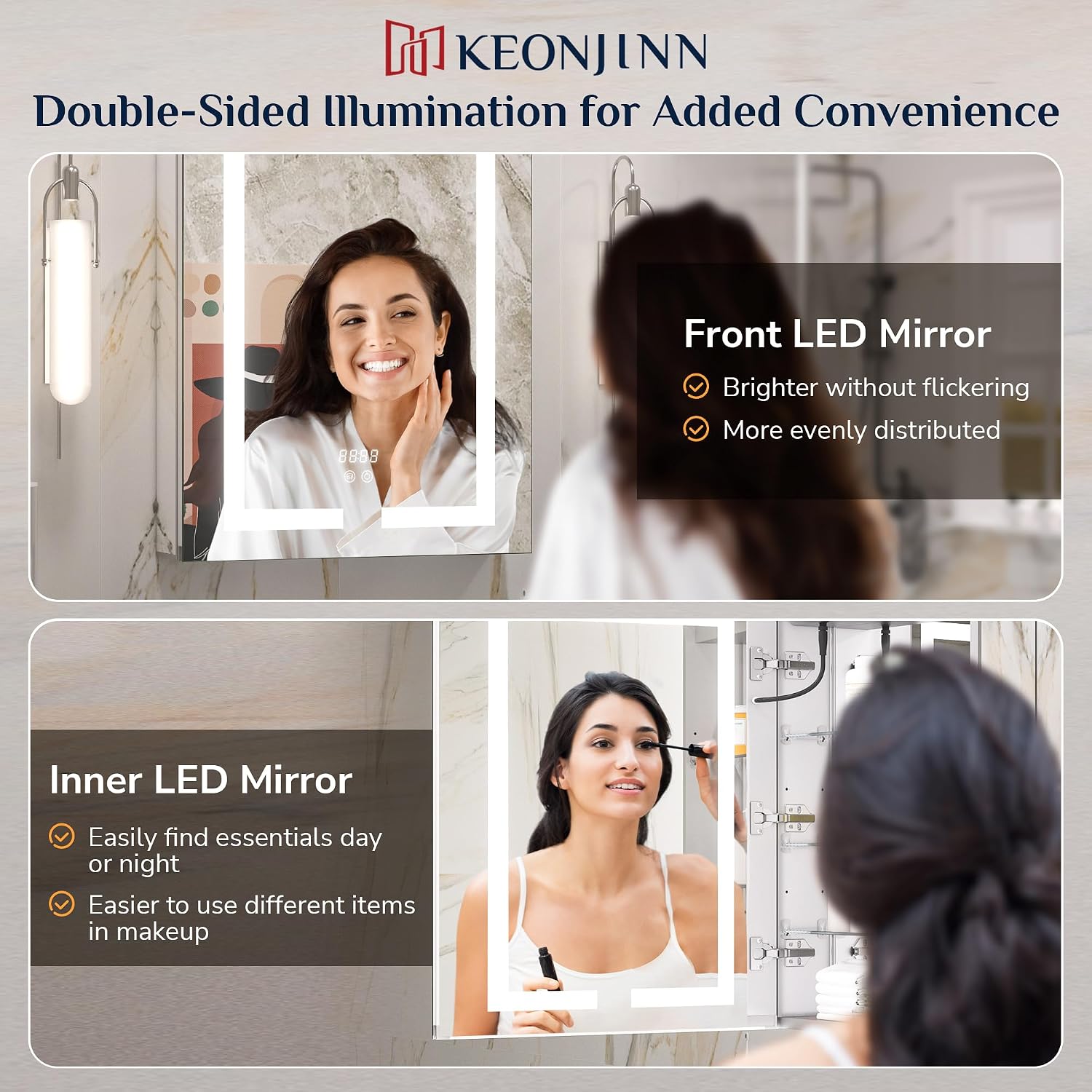 Keonjinn 20 x 26 Inch Lighted Medicine Cabinet with Mirror for Bathroom image 3