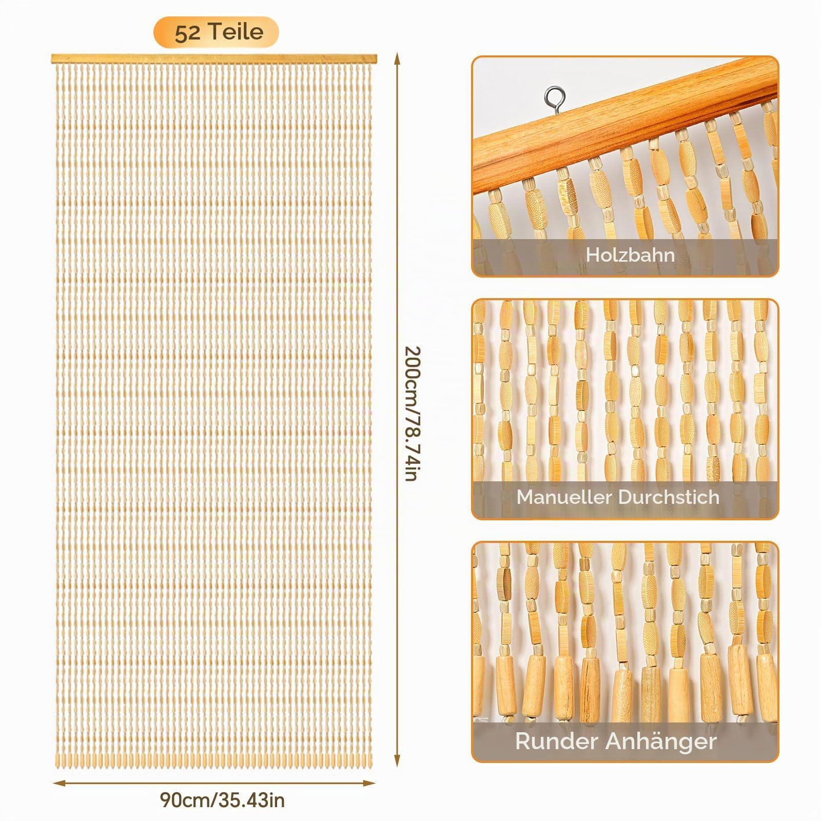 Perlenvorhang Balkontür 90x200cm, Türvorhang Bambus Stil mit 52 Strängen, Insektenschutz Vorhang aus Holzperlen für Balkon, Schlafzimmer, Camping, Dekorativer Türvorhang Handgefertigt (Holzfarbe)