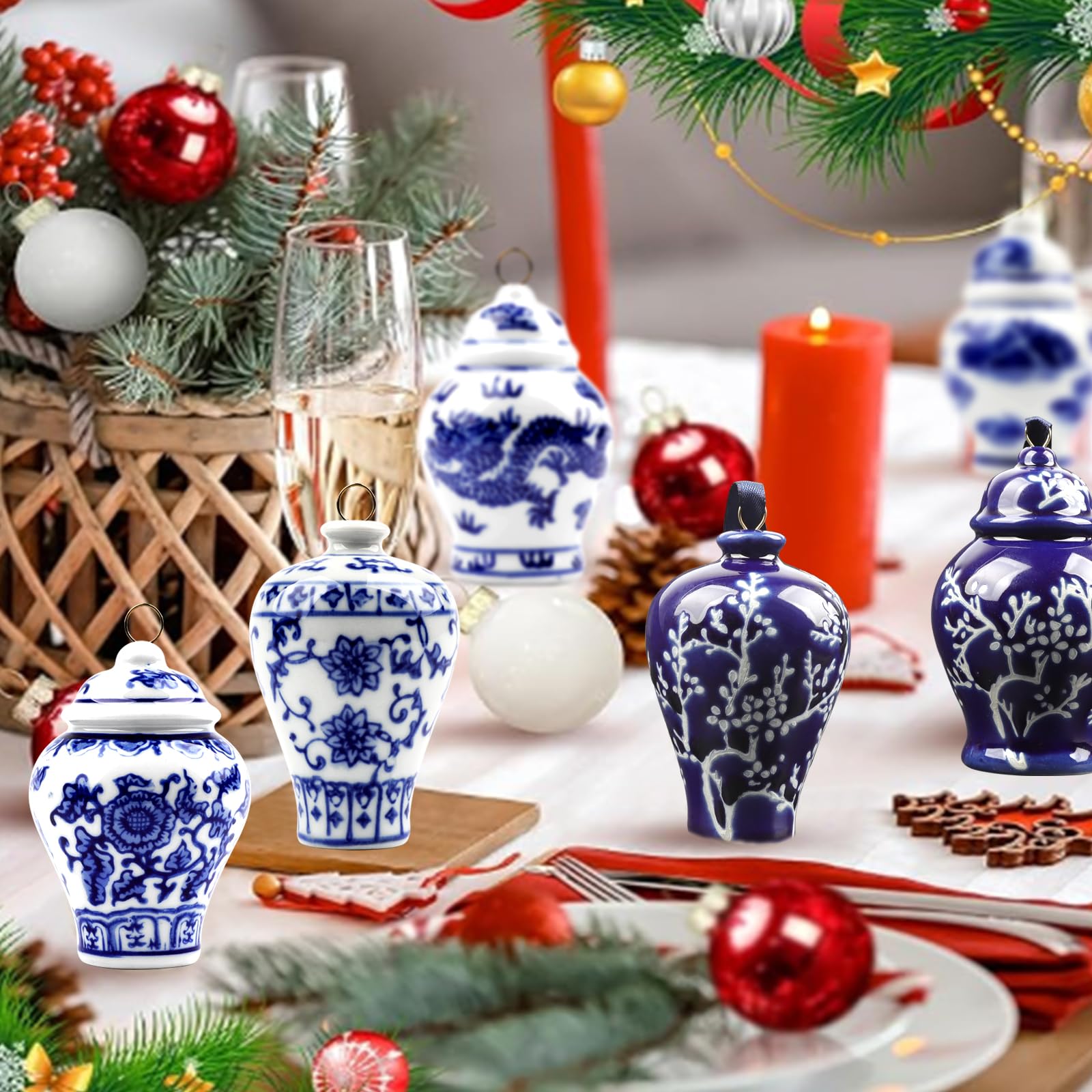 YiYa 9 Piezas Colgantes para árboles de Navidad Bolas Navideñas Azules y Blancas Adornos Navideños de Cerámica para la Decoración de Fiestas Navideñas