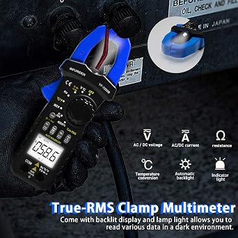 Digital Clamp Meter, YF-7200B Multimeter TRMS Auto-Ranging AC DC Volt Amp, Current Clamp for AC DC Voltage, Amp, Ohm, Capacitance, Diode, Continuity Tester and NCV
