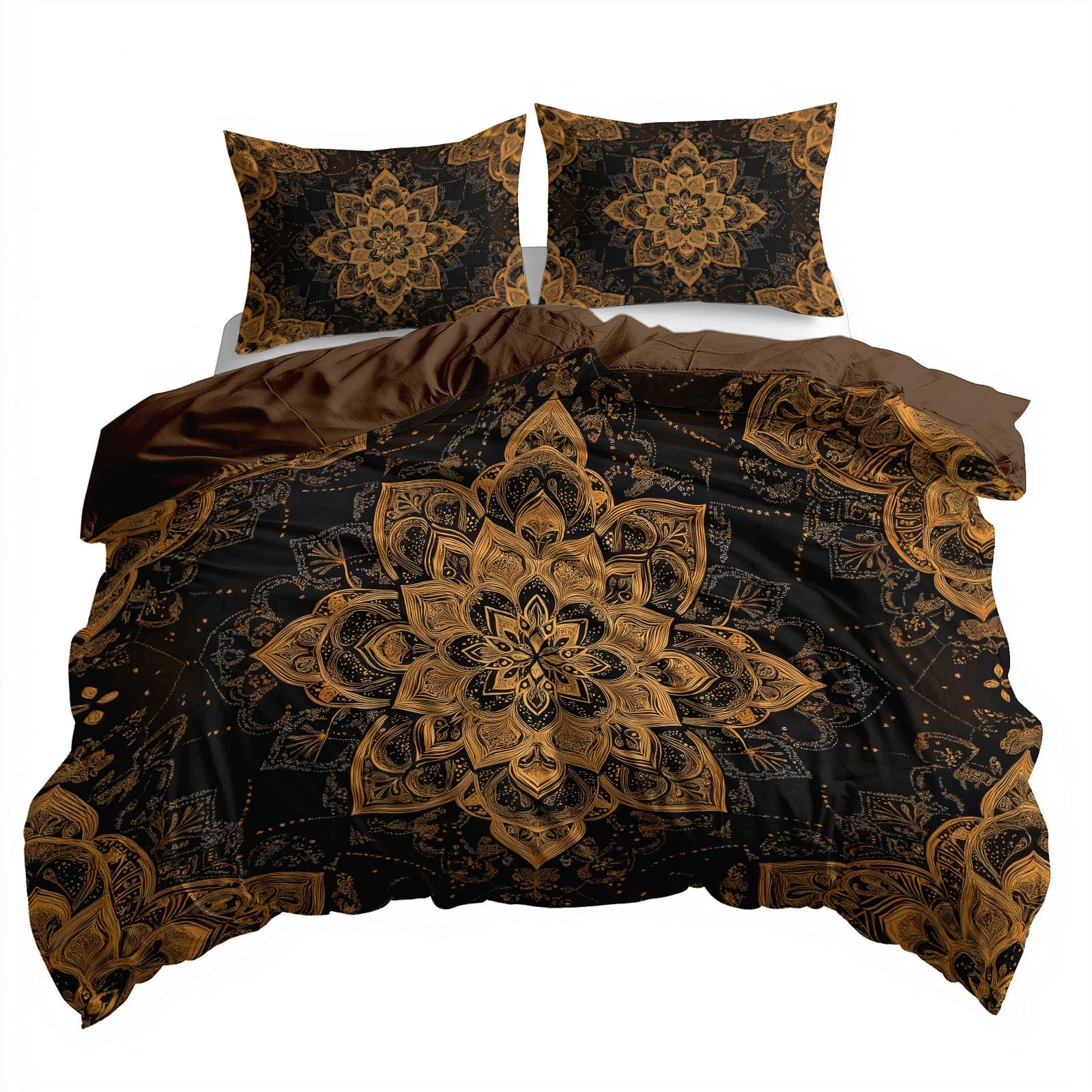 Poszwa na kołdrę 220x240 cm w stylu vintage - zestaw pościeli z nadrukiem w stylu boho, miękka mandala kwiatowy nadruk, złoty elegancki zestaw pościeli z mikrofibry z zamkiem błyskawicznym, 2 poszewki