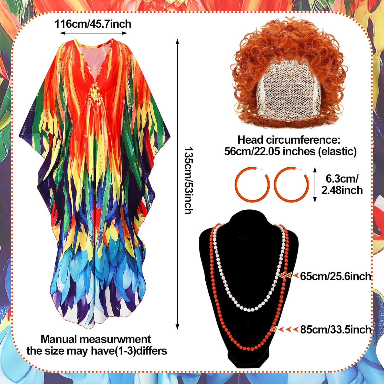 5 Pcs Halloween Women Landlady Costume Set with Caftan Dress Curly Wig Bead Necklace Earring for Cosplay Party - Image 2