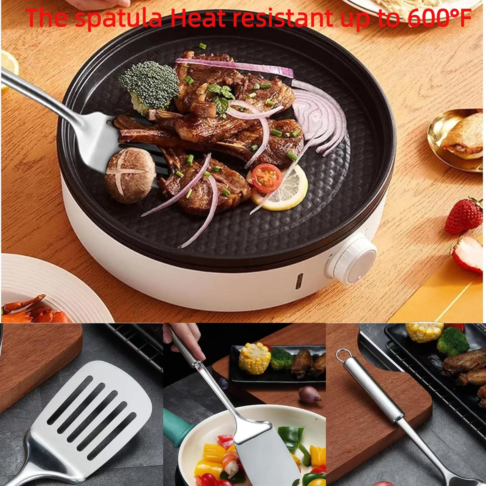 Juego de espátulas plateadas, espátulas de acero inoxidable de 13.5 pulgadas, espátulas de metal resistentes al calor para peces, huevos, panqueques. 3