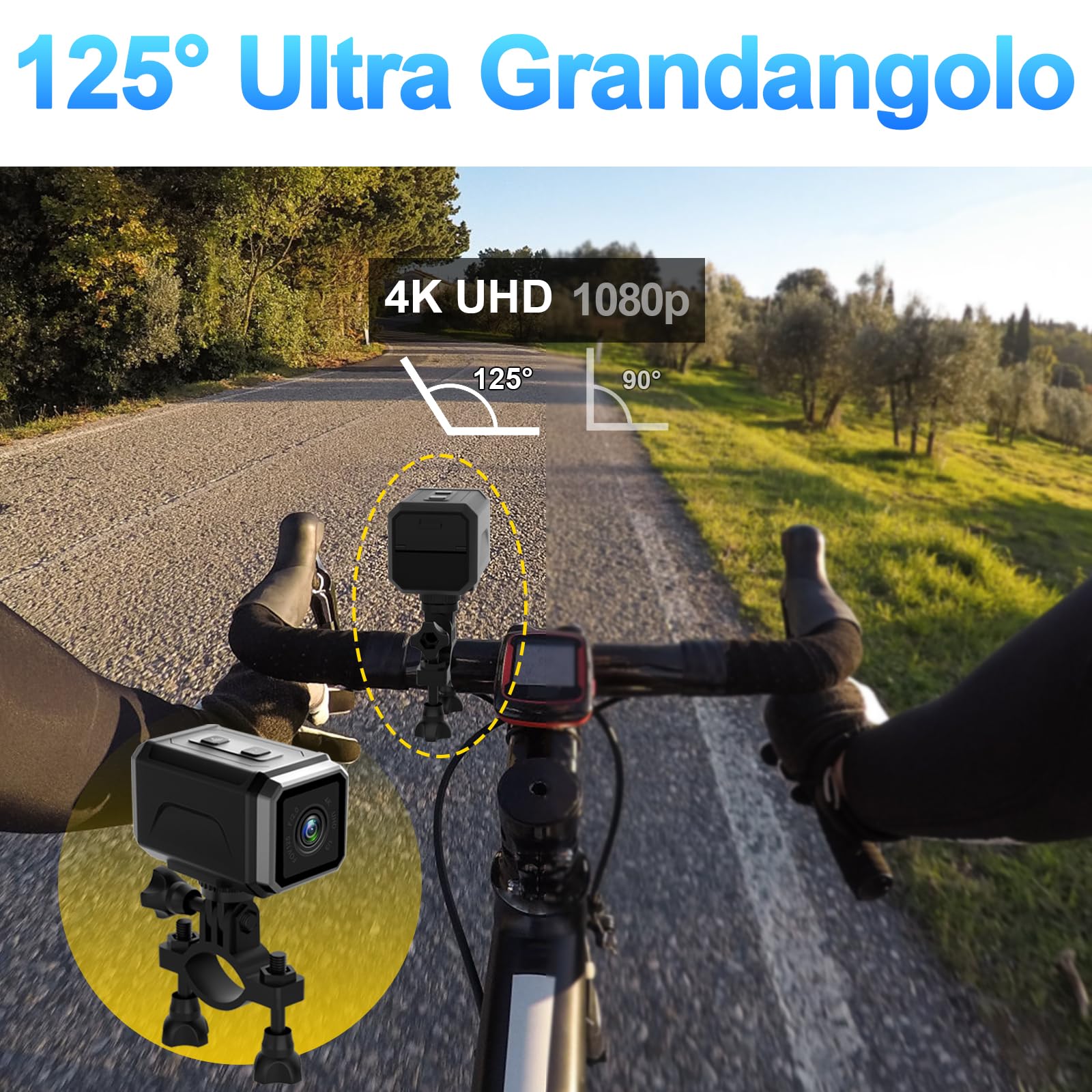 Telecamera Moto 4K WiFi Grandangolo 140° 8h, Action Cam per Sport | 8h batteria, 4K HDR stabilizzato, 256GB SD, fissaggi per casco/moto/sci