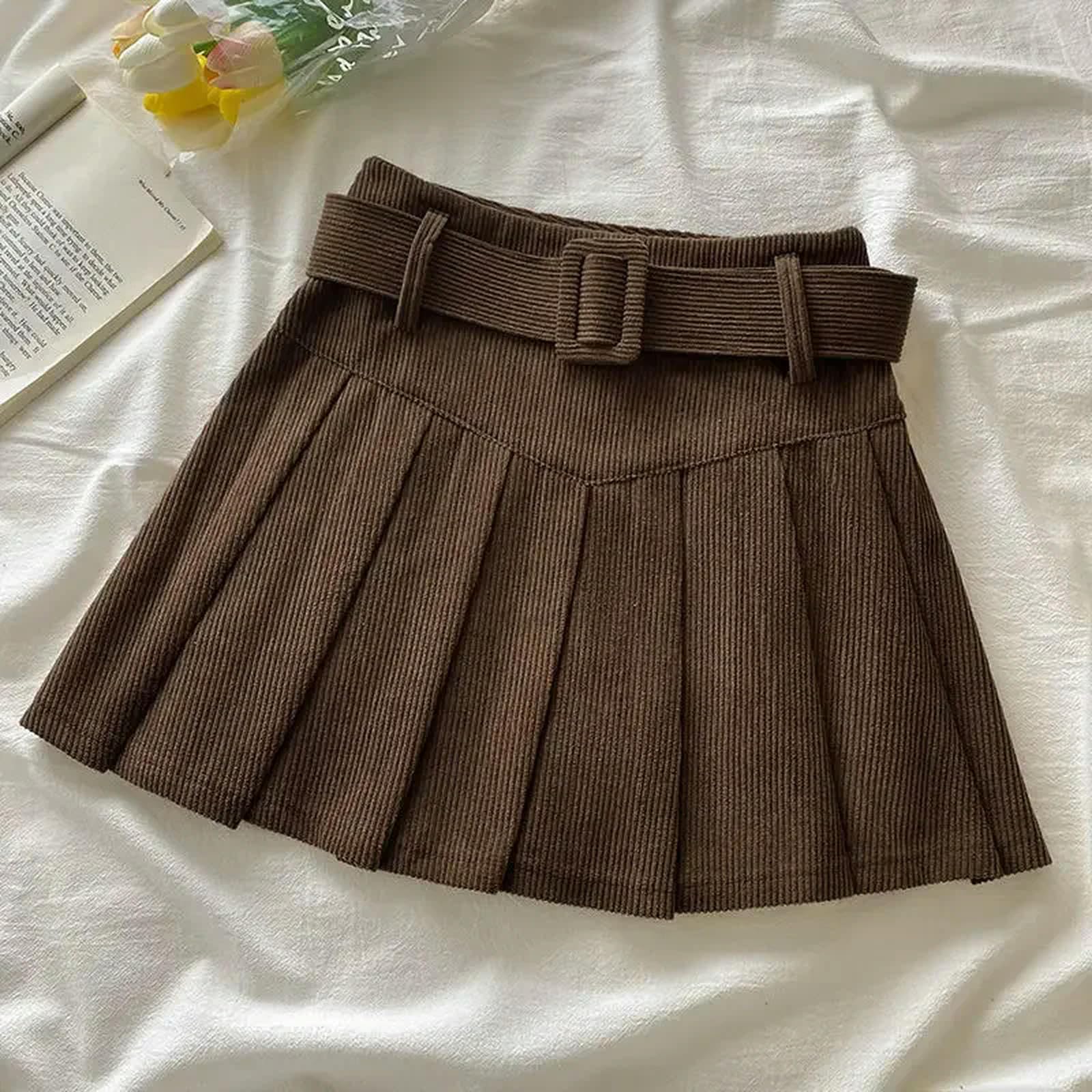 Mdybf Spódnice damskie, plisowane mini spódnice damskie, studenckie, sztruks, styl preppy, jesień, zima, solidne spodnie, szykowne, vintage, dopasowane, na wszystkie mecze