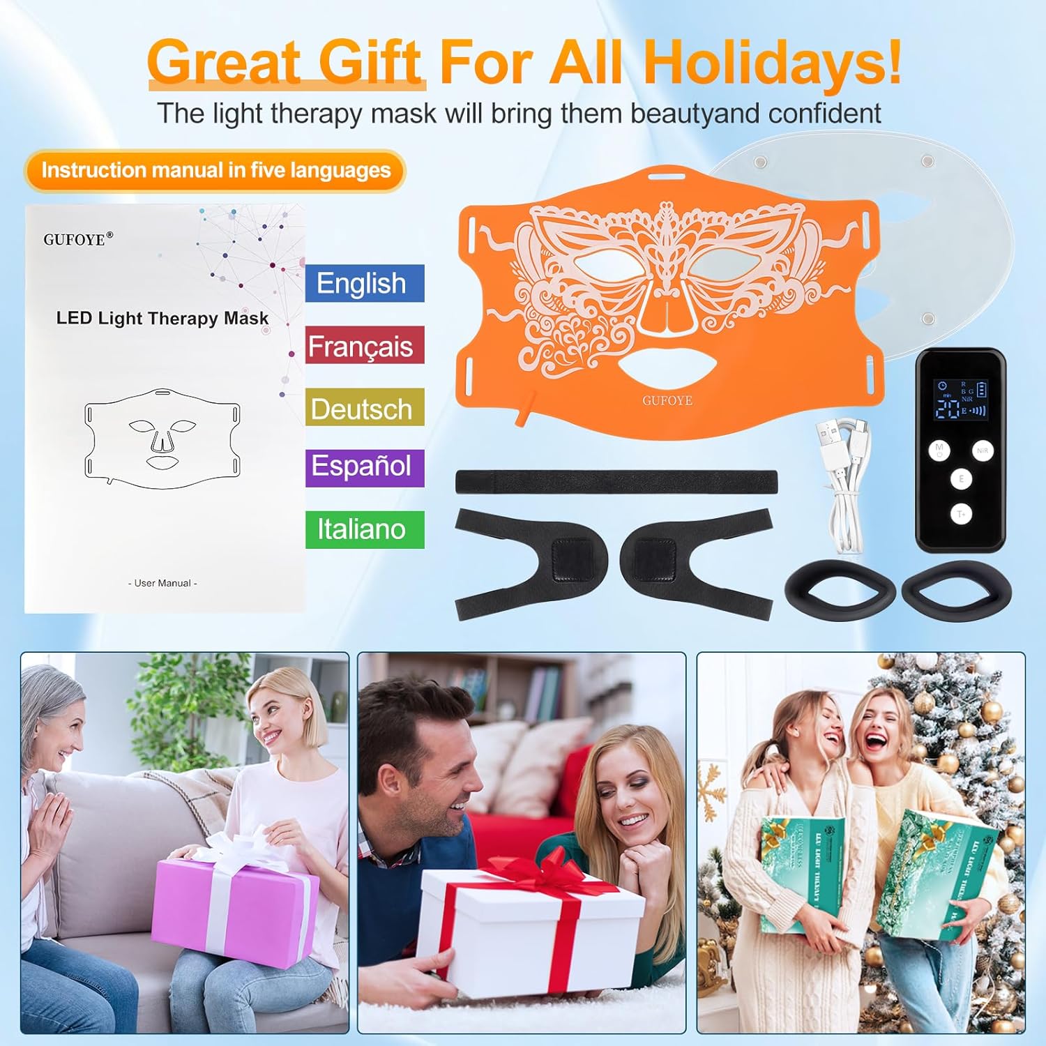 Red Light Therapy for Face Mask with Ice Compress, 850nm Infrared Red Light Therapy, 7+1 Light Modes Led Face Mask Light Therapy, Level 5 Timing, 3000mAh, Led Mask Light Therapy for Home, Orange