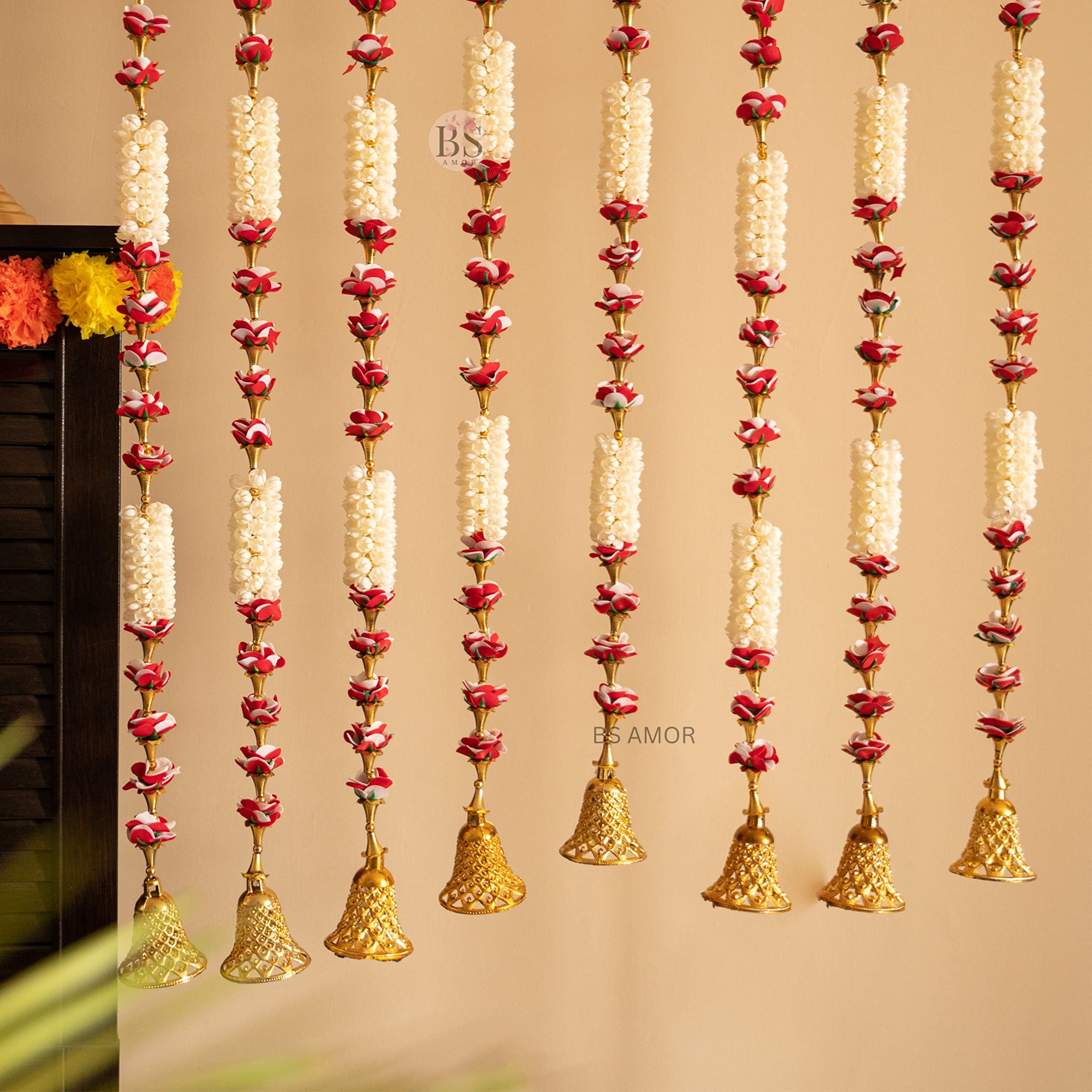 BS AMOR Traditional Hanging Latkan for Party, Wedding, Room, Home, Main Door,Diwali Decoration Items,RedWhtkushiBellMogra Pack of Strings (8) (B0BQMSZ76S) Amazon Price History, Amazon Price Tracker
