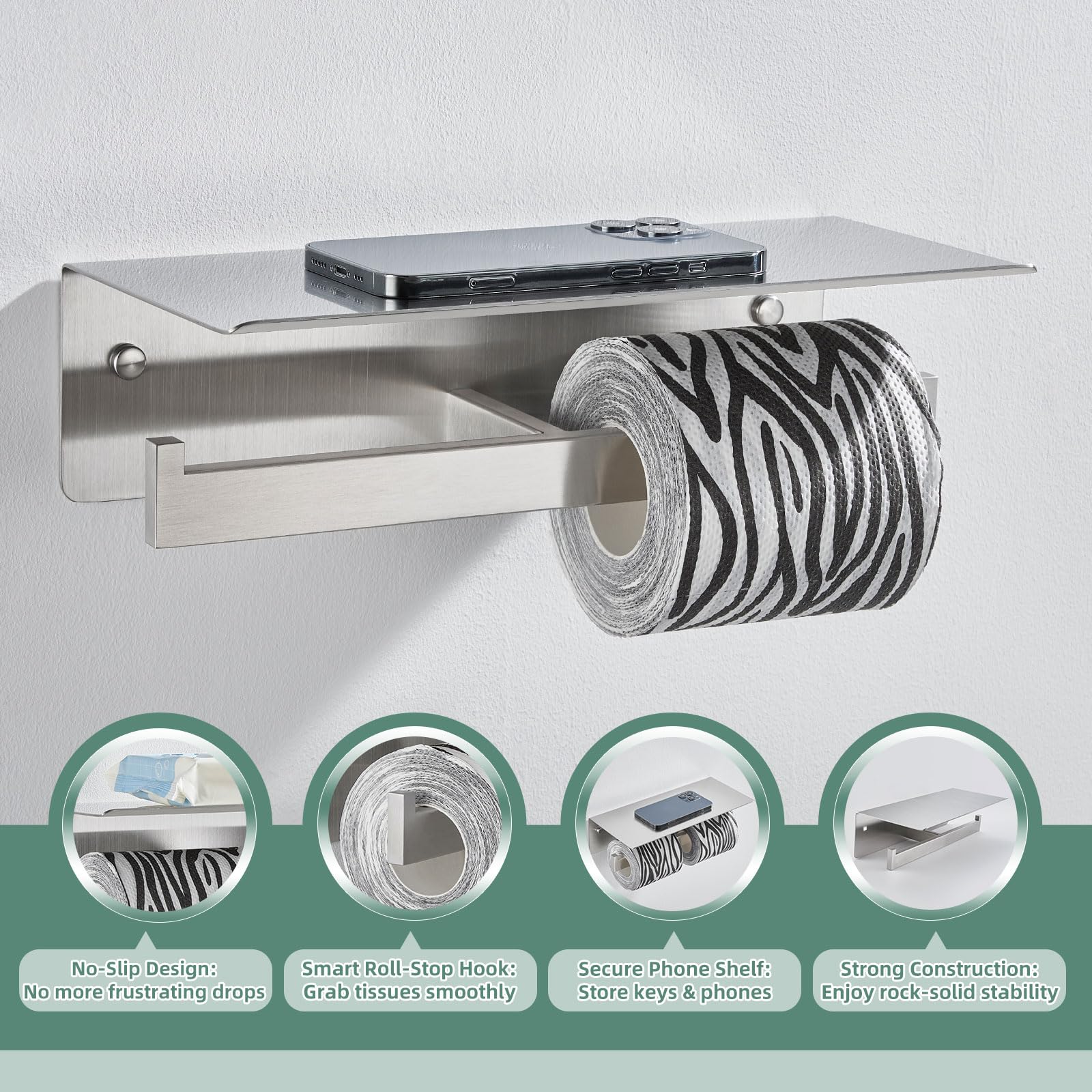 APLusee Soporte Doble para Papel higiénico con Estante, Soporte de Papel higiénico de Acero Inoxidable 304 de níquel Cepillado, dispensador de Rollos de Papel Comercial montado en la Pared