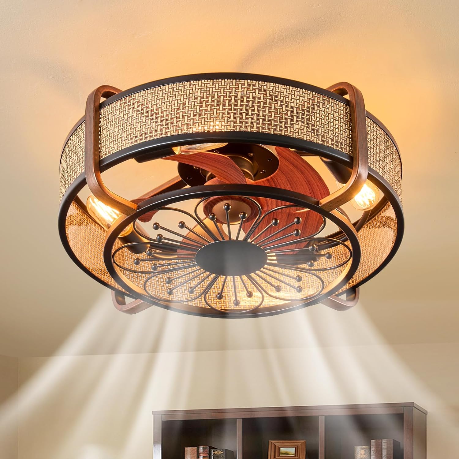 Boho Fandelier Ceiling Fan with Lights Flush Mount Ceiling Light with Fan Rattan Fandeliers 18.9in Wicker Chandelier Fan Caged Ceiling Fan Lighting, Remote Reversible 6 Speeds Motor E26 Base H023