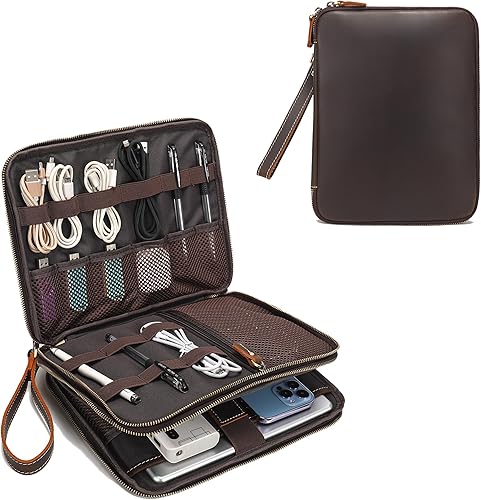 LANNSYNE Bolsa de accesorios de cable de viaje de cuero de grano completo, organizador electrónico, estuche de almacenamiento de doble capa para