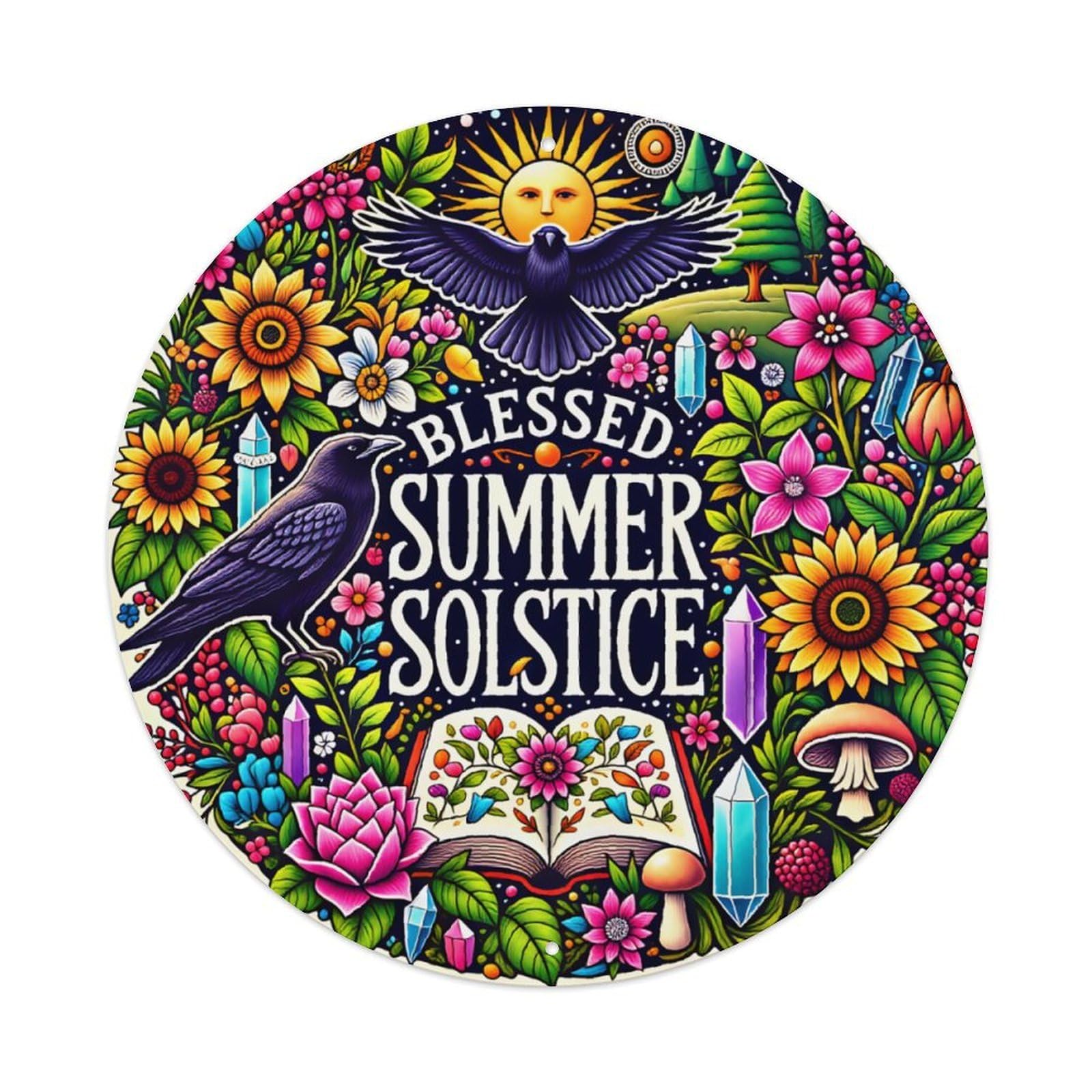 Ldfuieksufg Style Blessed Summer Solstice Crow Floral Crystal Round Wall Sign Vintage Aluminium Metal Sign, Retro Wall Decor For Home, Bar, Garage & Farmhouse 20X20cm