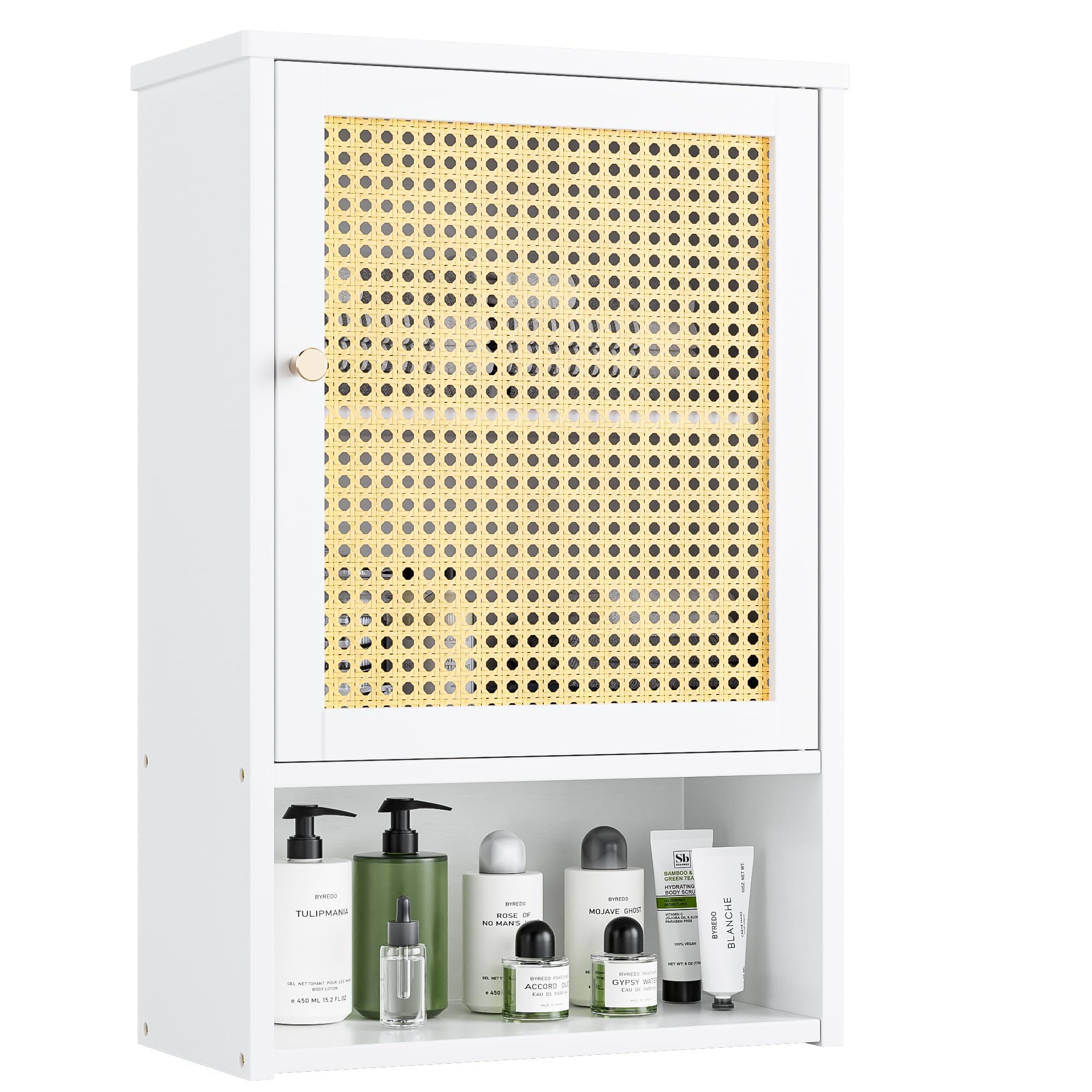 Armoire Murale de Salle de Bain en Bambou avec Portes en rotin et étagère réglable, Armoire à Pharmacie économiseur d'espace pour Linge, Cuisine, Salon (Blanc)