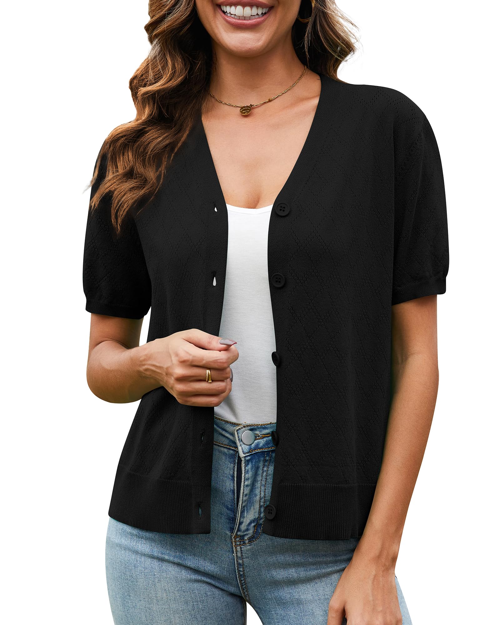 VIISHOW Short Sleeve Lightweight Summer Cardigan for Women, Button Down Open Front V Neck Crochet Knit Cropped Bolero Shrugs