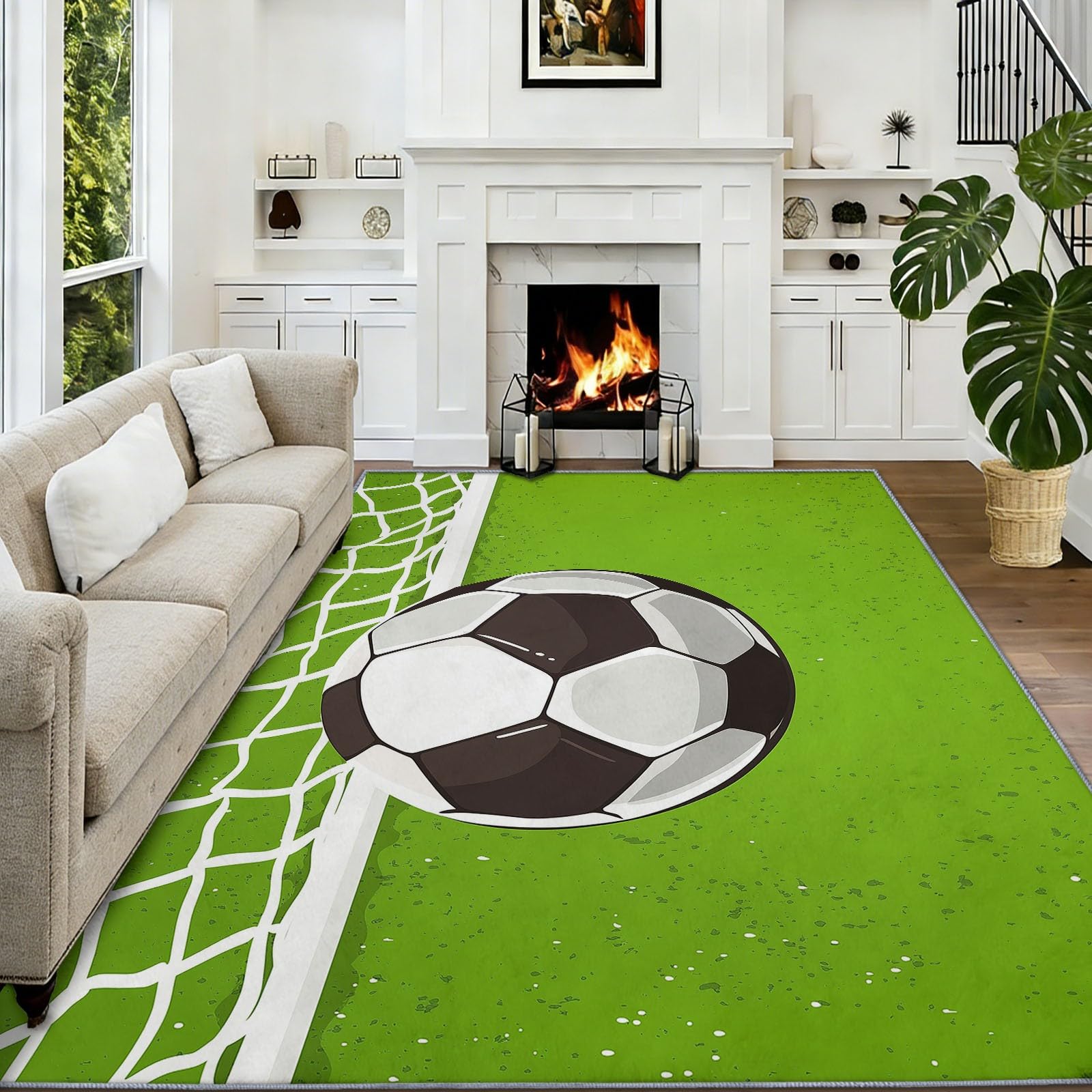Générique Tapis Intérieur Dessin Traditionnel À La Main Lavable en Machine, Tapis Salon Minimalisme Vert Sauge Sports Football Antidérapant Grand pour Salle à Manger, Chambre à Coucher, 160 x 230 cm