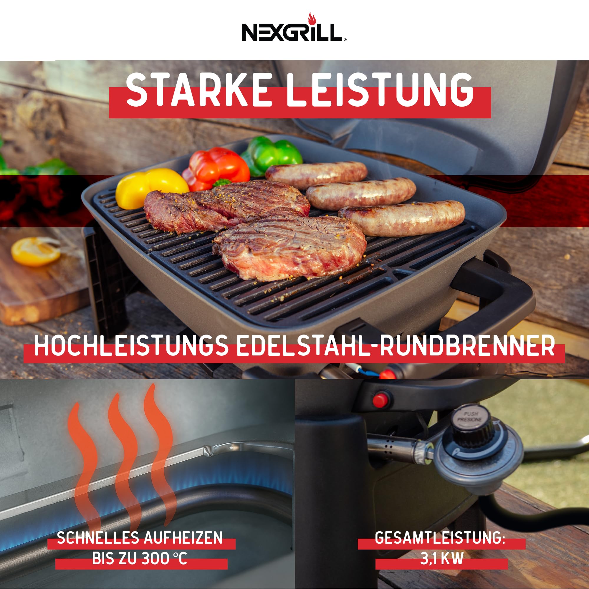 Nexgrill Gasgrill klein & tragbar für bis zu 300° – Tischgrill Gas für Balkon & Camping, Kleiner Grill mit Deckel, Gusseisenrost, 3,1 kW Edelstahlbrenner, Piezozündung, Mini Gasgrill kompakt