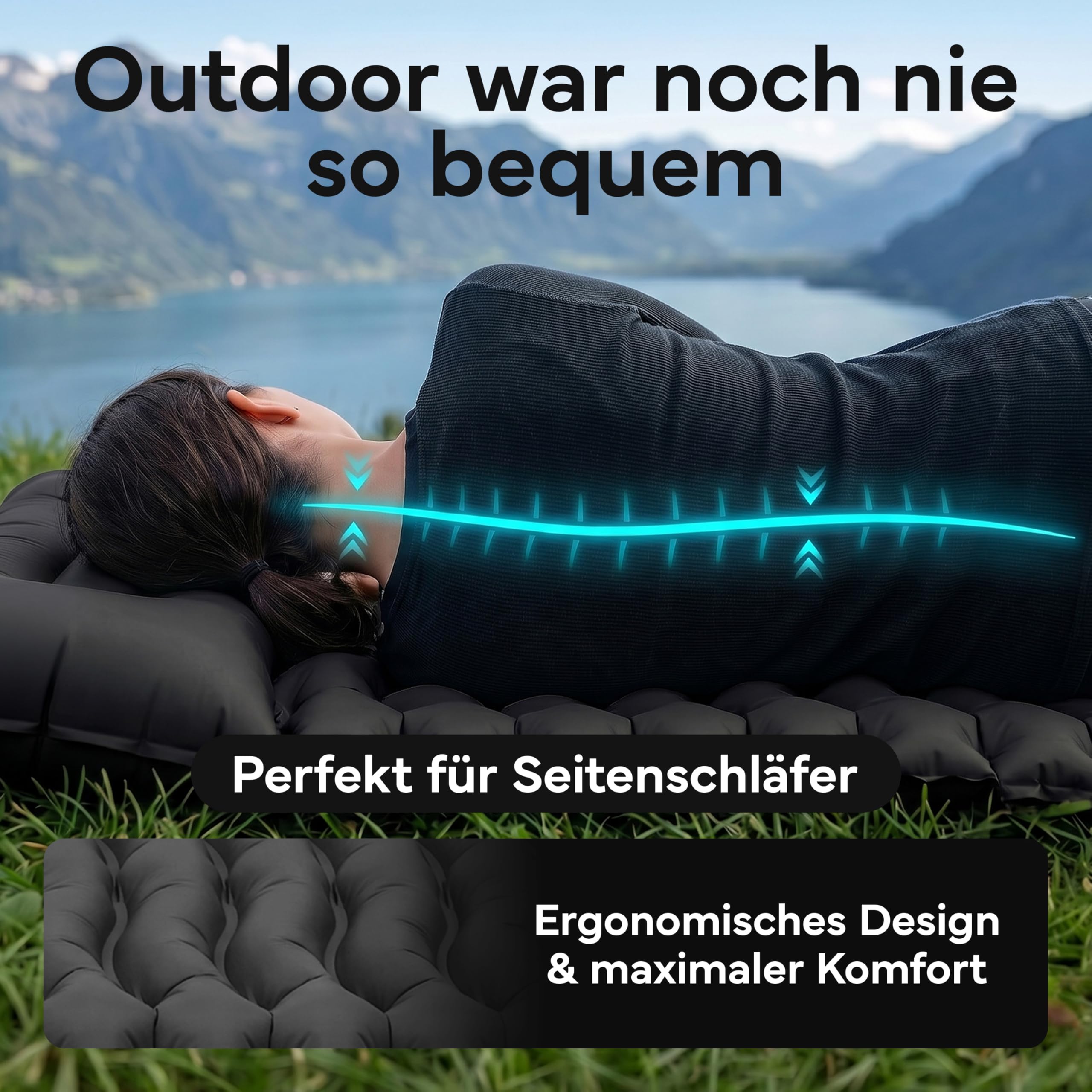 NEOLYMP NORDPINE Isomatte Camping - Integrierte Fußpumpe, Aufblasbar, 10 cm Dick - 200x70 cm, Ultraleicht 0,9 kg, Packmaß 25x12 cm - Aufblasbare Isomatte Luftmatratze Schlafmatte (Schwarz)