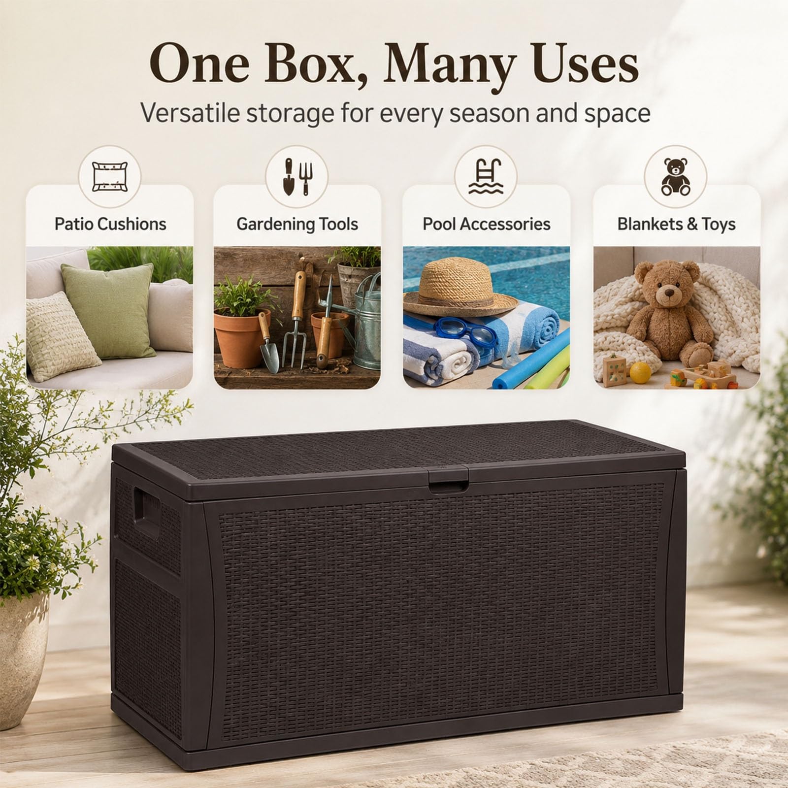 Generico Grande Box Contenitore Da Esterno Effetto Rattan Con Maniglie | Baule da esterno in resina da 100 galloni, impermeabile e richiudibile, per cuscini e attrezzi da giardino