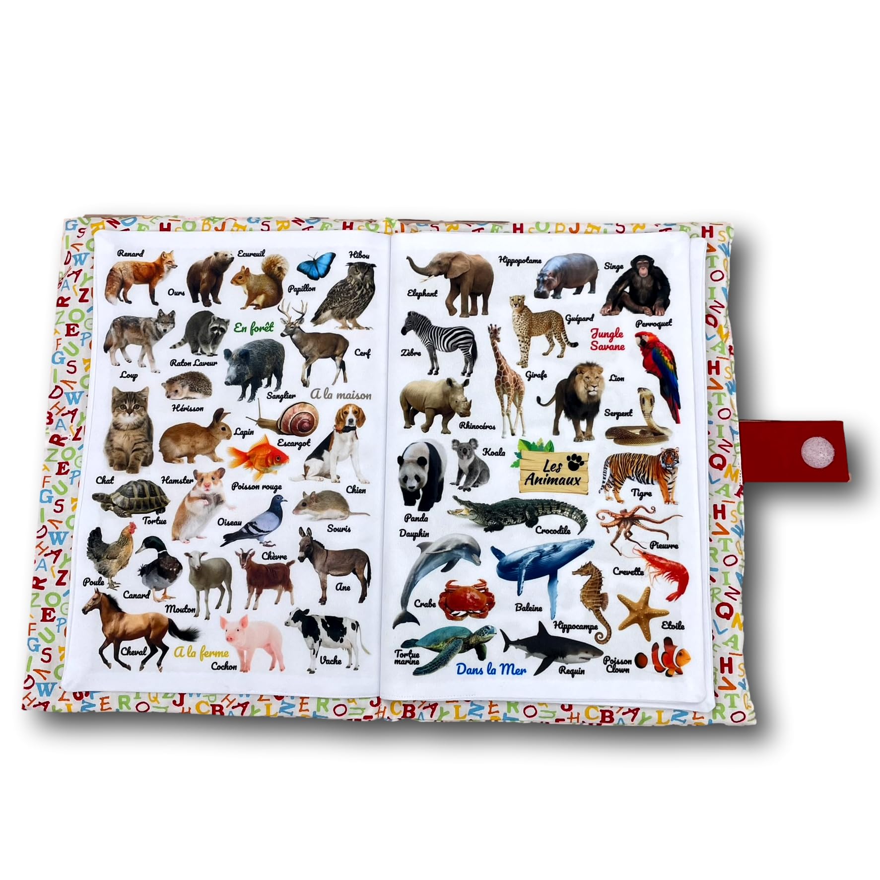 Livre d'éveil éducatif en tissu imagier photo Format A4 couverture Lettres, thèmes animaux, repas, véhicules, couleurs et mots
