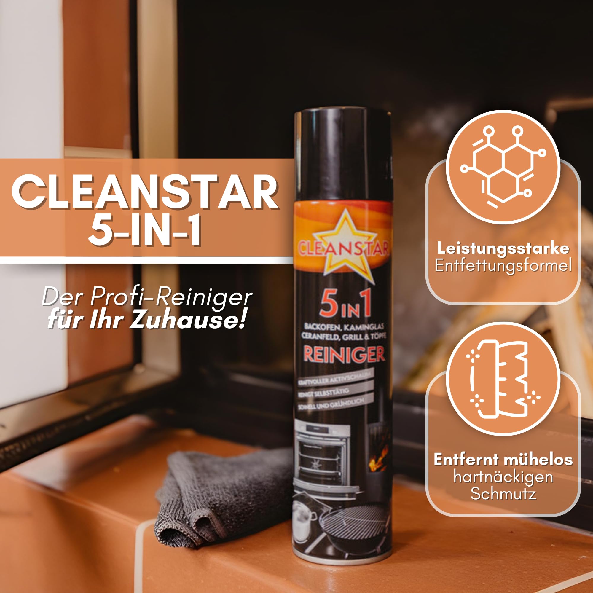 CLEANSTAR je 400ml Kaminscheibenreiniger Spray für Kamin & Ofen Reinigung - 5 in 1 Aktivschaum Kaminglas-Reiniger extra stark gegen Ruß & Schmutz - Kaminofen Glasreiniger (10)