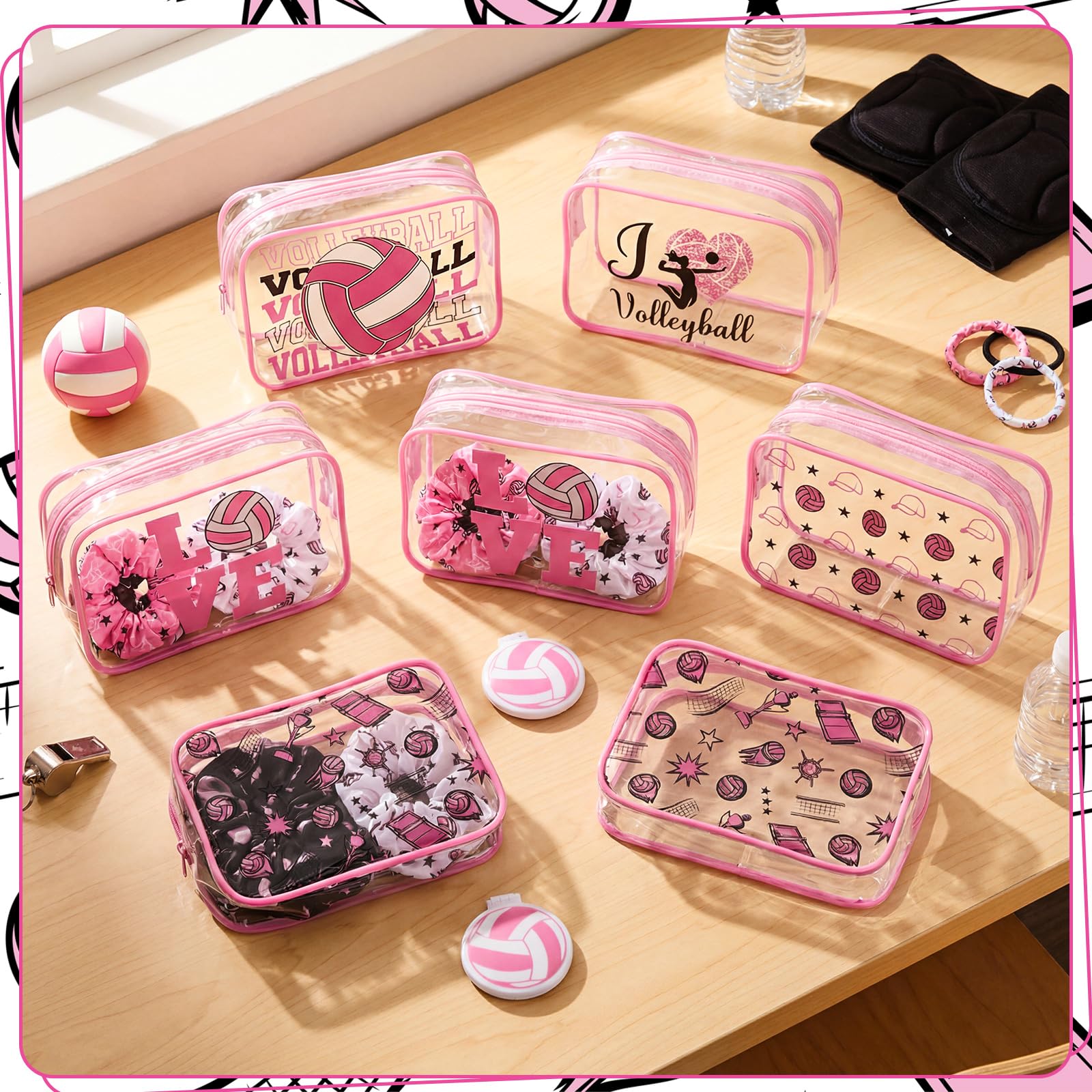 36 Pcs Pink Volleyball Gifts for Girl 12 Pink Volleyball Makeup Bag Bulk Cosmetic Bag Sport Team Gifts with 12 Sport Hair Scrunchies 12 Round Portable Folding Brush Mirror for Team Party