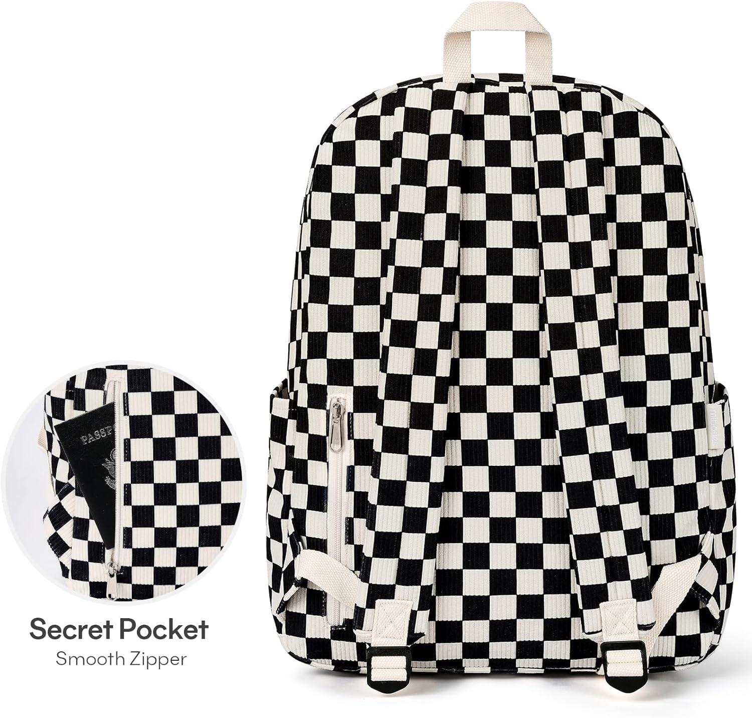 mibasies School Backpack for Girls with Laptop Sleeve: 18IN Large Capacity Corduroy Bookbag for Primary Middle School/College, Travel Daypack for Teens Women - Black Checkered