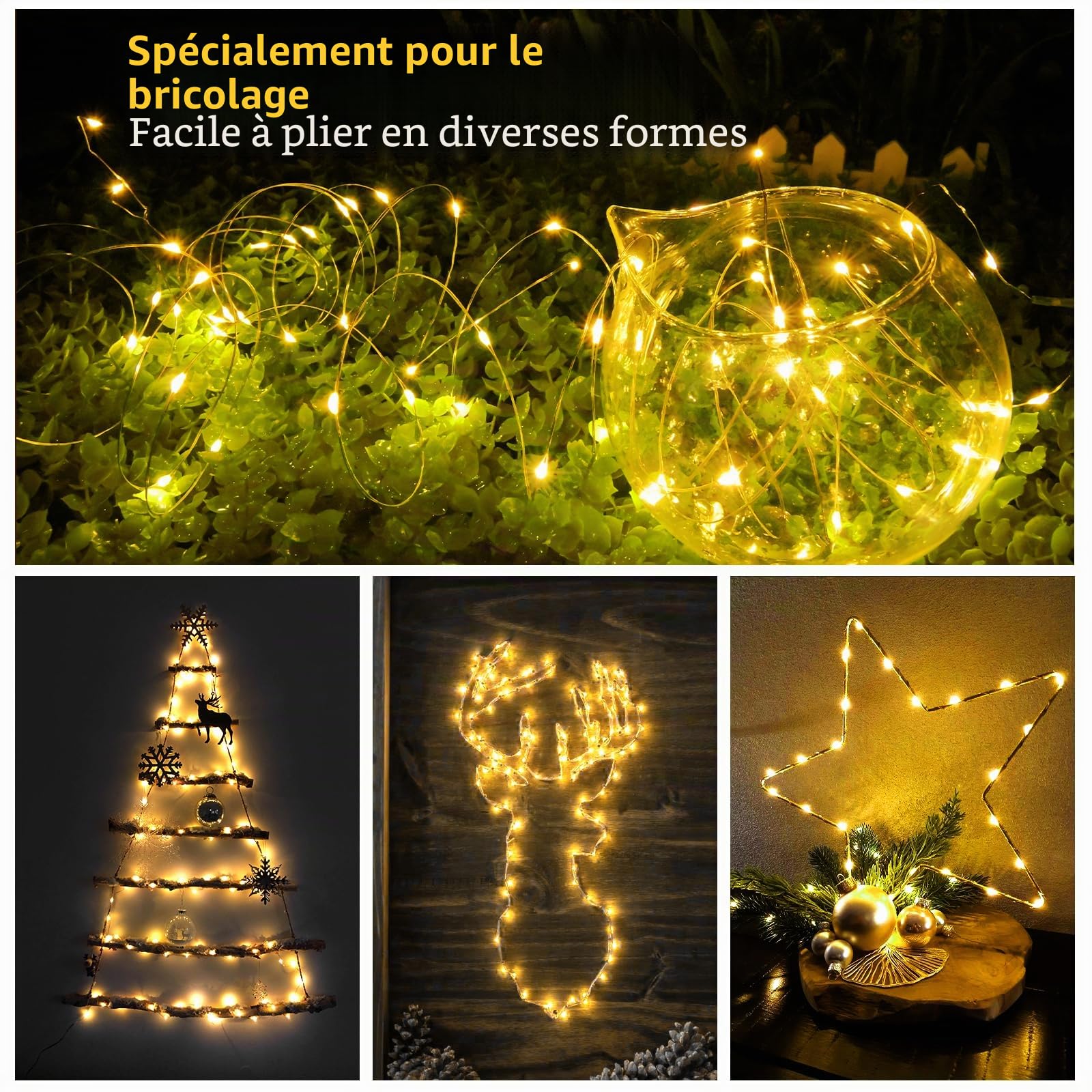 Lot de 3 mini guirlandes lumineuses avec piles - 2 m - 20 LED - Pour l'extérieur - Étanche - Pour la chambre, la décoration de la maison, un cadeau, un mariage, Noël, une fête - Blanc chaud