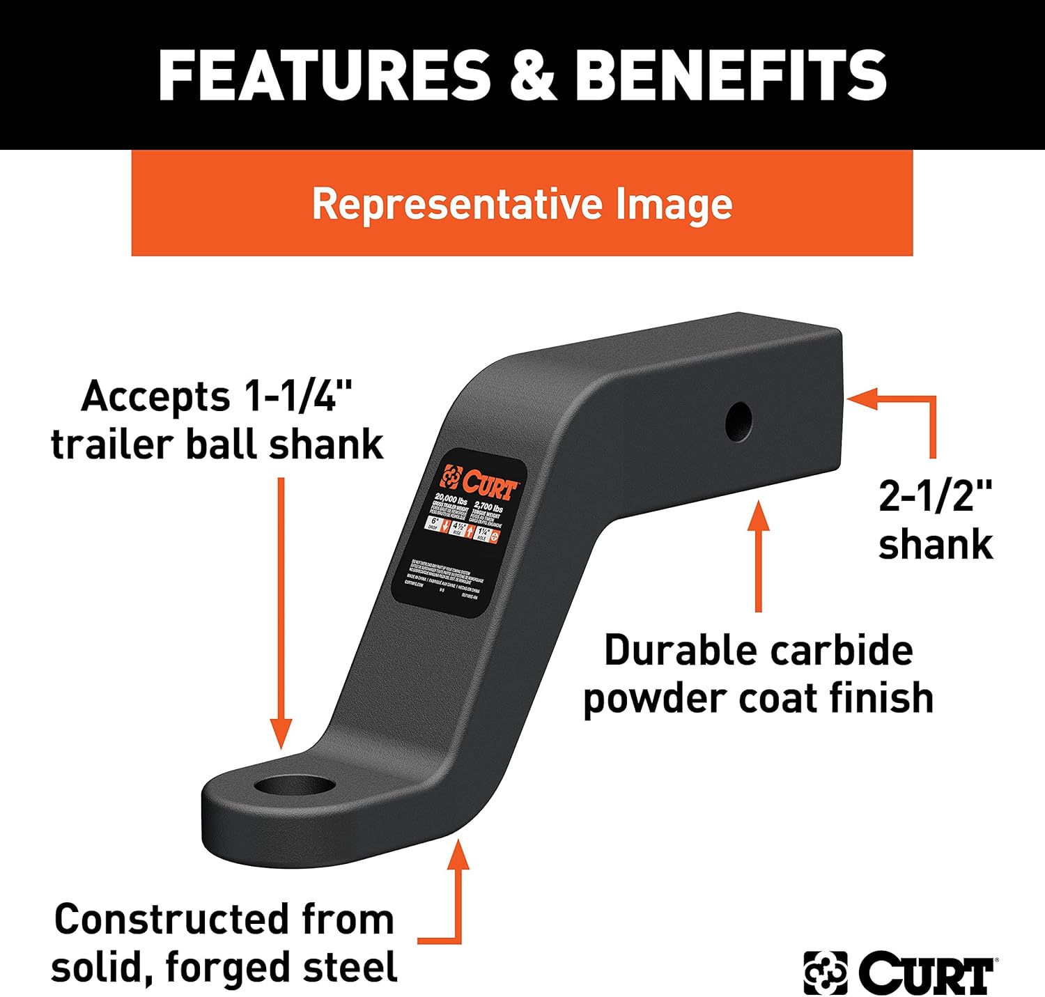 CURT 45460 Commercial Duty Forged Trailer Hitch Ball Mount, 2-1/2-Inch Receiver, 20,000 lbs, 1-1/4-Inch Hole, 8-Inch Drop