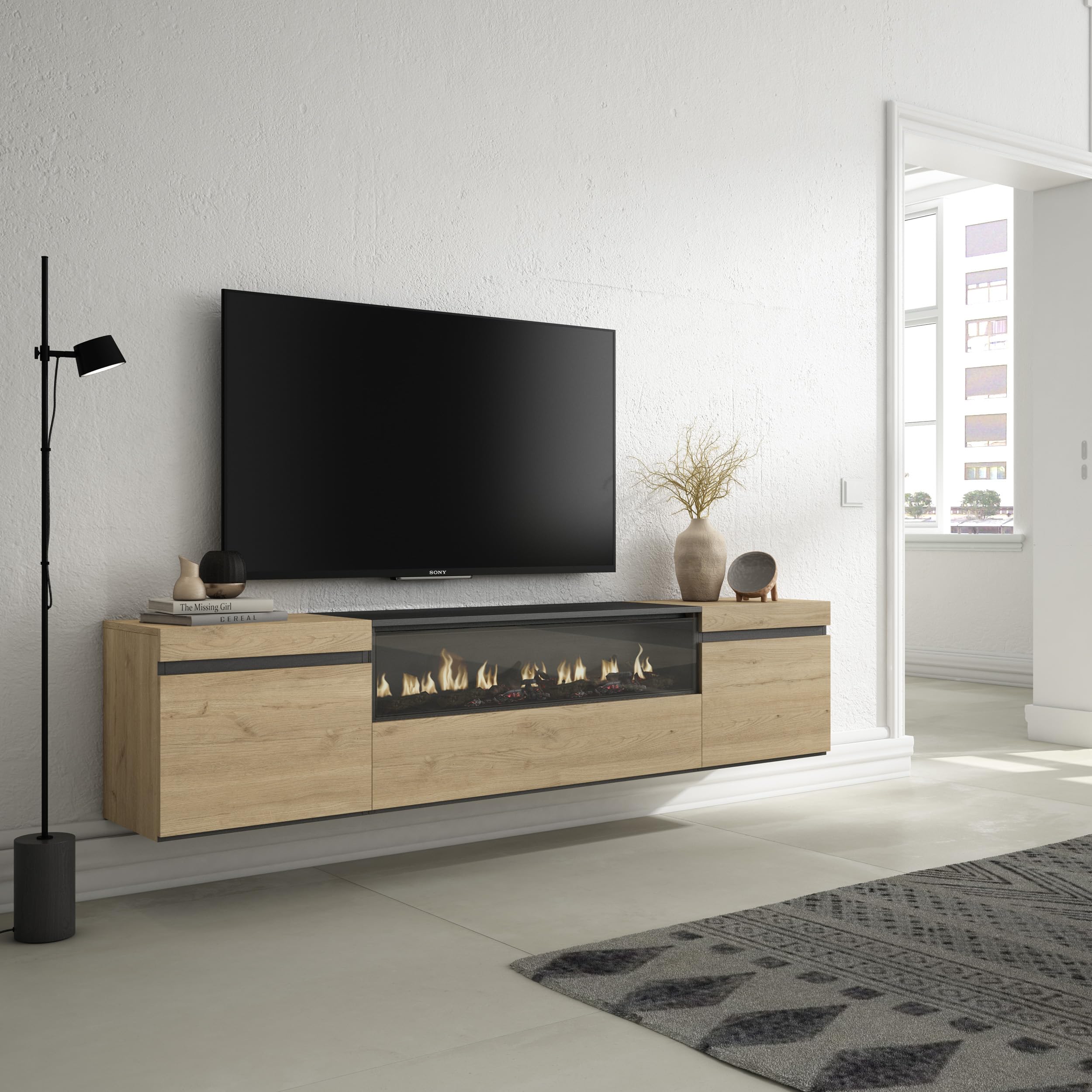Skraut Home | Mueble TV | Televisión | Muebles de salón, almacenaje | 200x45x35cm | para TV hasta 80" | Chimenea eléctrica | Colgado, Suspendido | Estilo Moderno | Roble y Negro