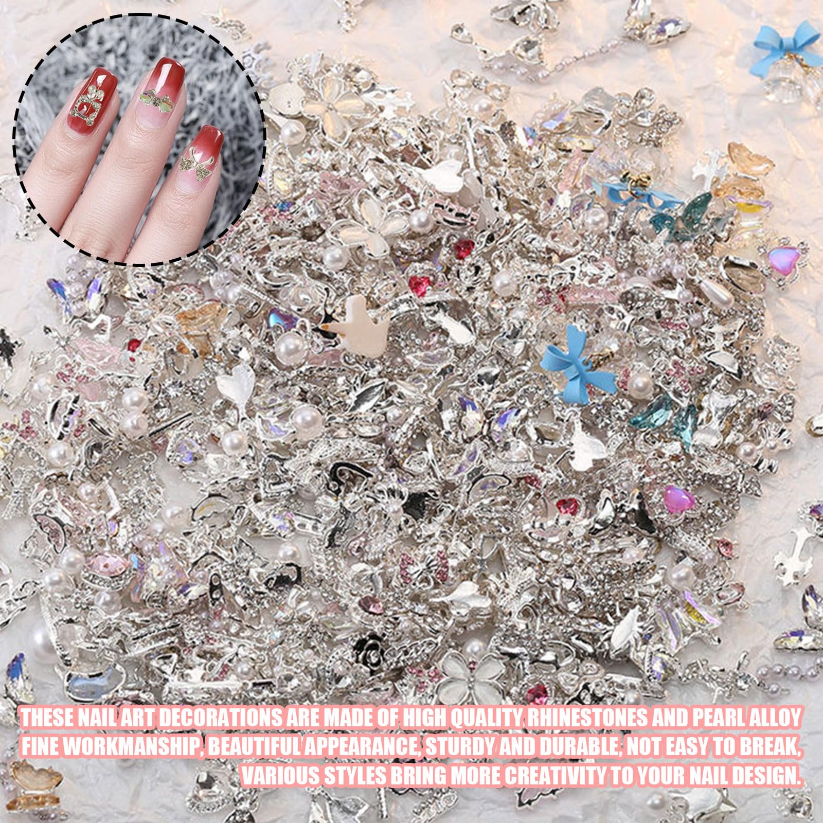 Silver Nail Charms,50PCS Mixed 3D Pearl Rhinestones Bowknot Luxury Metal Nail Art Charms,Alloy Nail Gems Nail Decorations for DIY Manicure Design Nail Art Jewelry Making (B Mixed Pattern Silver) - Image 2