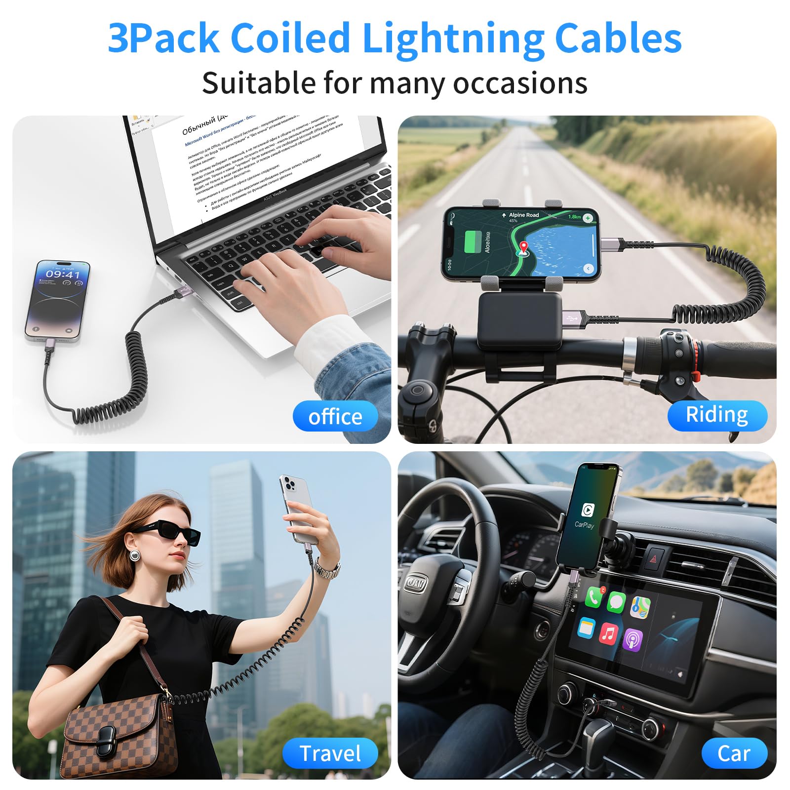 Lot de 3 câbles Lightning spiralés pour voiture [Certifié MFi] Chargeur iPhone rétractable Apple CarPlay USB vers Lightning Cordon de charge rapide pour iPhone 14 13 12 11 Pro Max Mini XR XS 8 SE