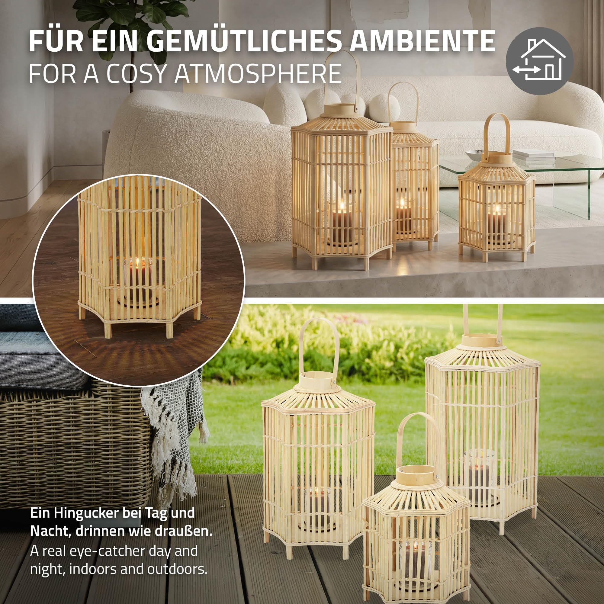 ECD Germany Linterna de Bambú Madera, 60 cm de Altura, Portavelas de Jardín con Asa y Inserto de Cristal, Farol de Estilo Boho, Lámpara Colgante Interior/Exterior Decorativo para Terraza, Balcón