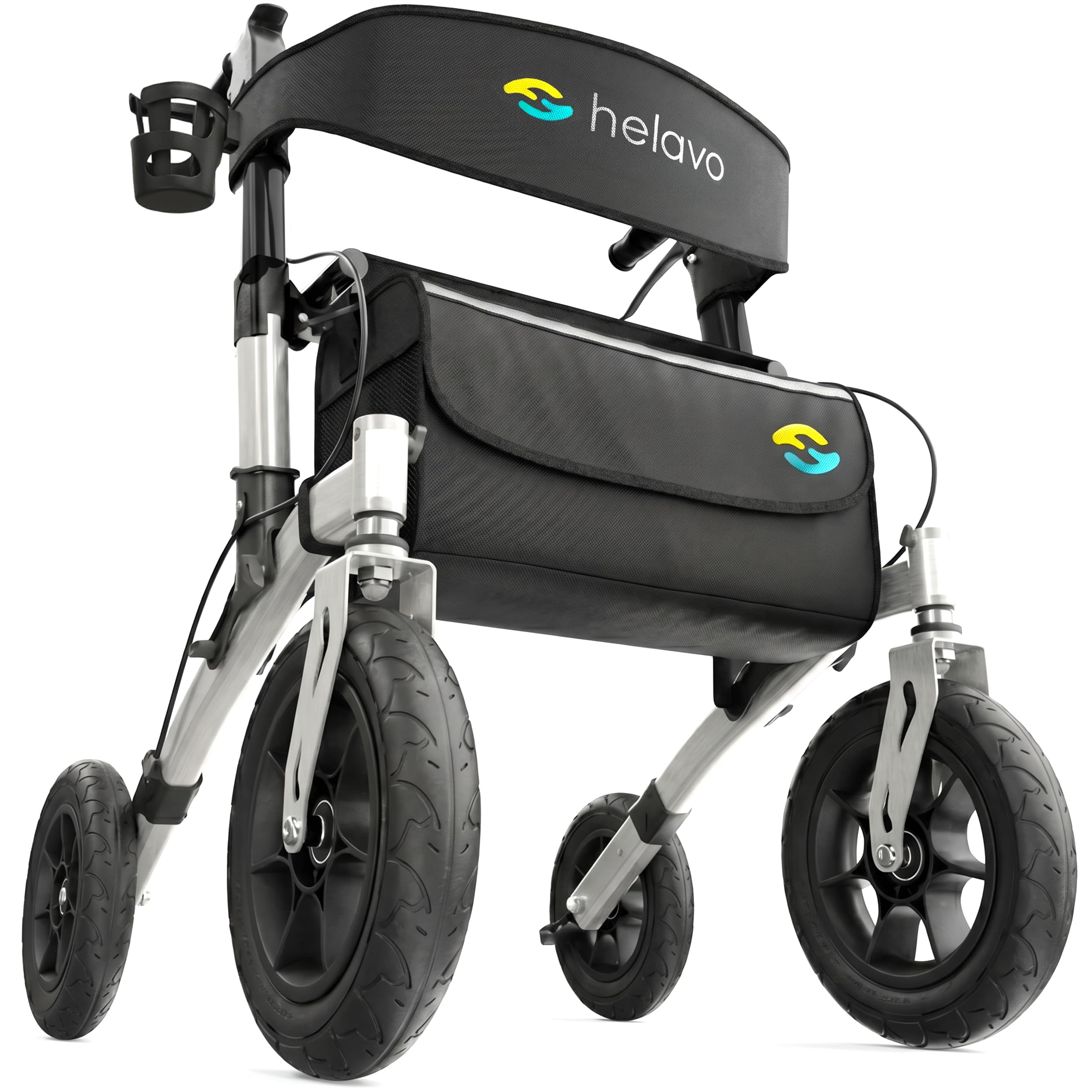 Helavo andador para exteriores con ruedas de caucho macizo antipinchazos - Andador para ancianos de aluminio plegable con asiento - Máxima movilidad y comodidad en exteriores