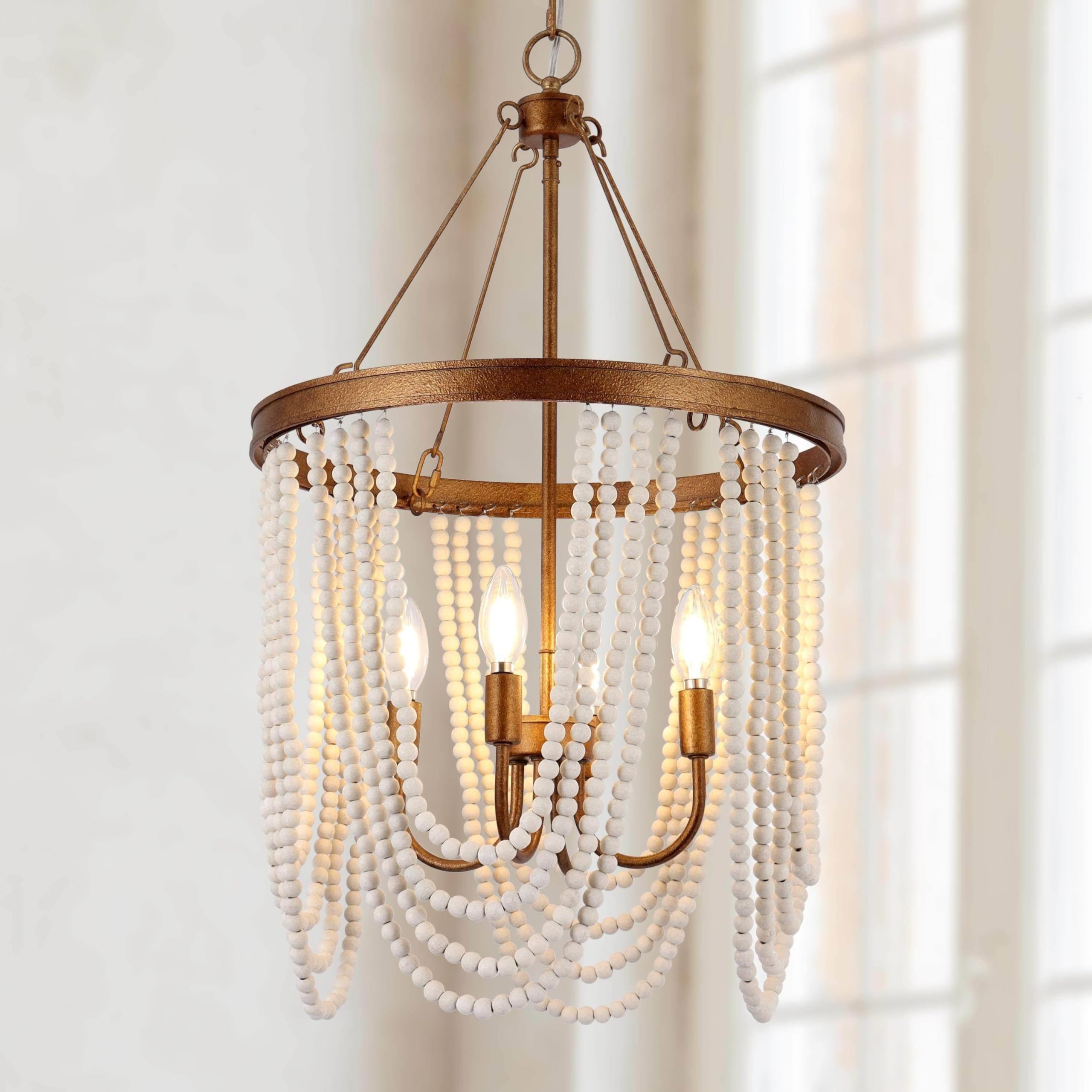 Bead Chandeliers for Living Room, Antique Gold Wood Chandeliers with White Beads 4-Light Boho Hanging Light Fixtures for Dining Room Entryway Foyer 17