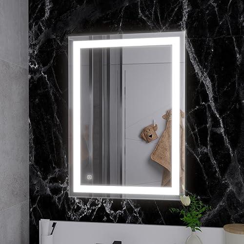 B&C Espejo de baño LED de 20 x 28 pulgadas con luces de luz diurna de grado comercial de alto lúmenes, espejo de maquillaje con regulador