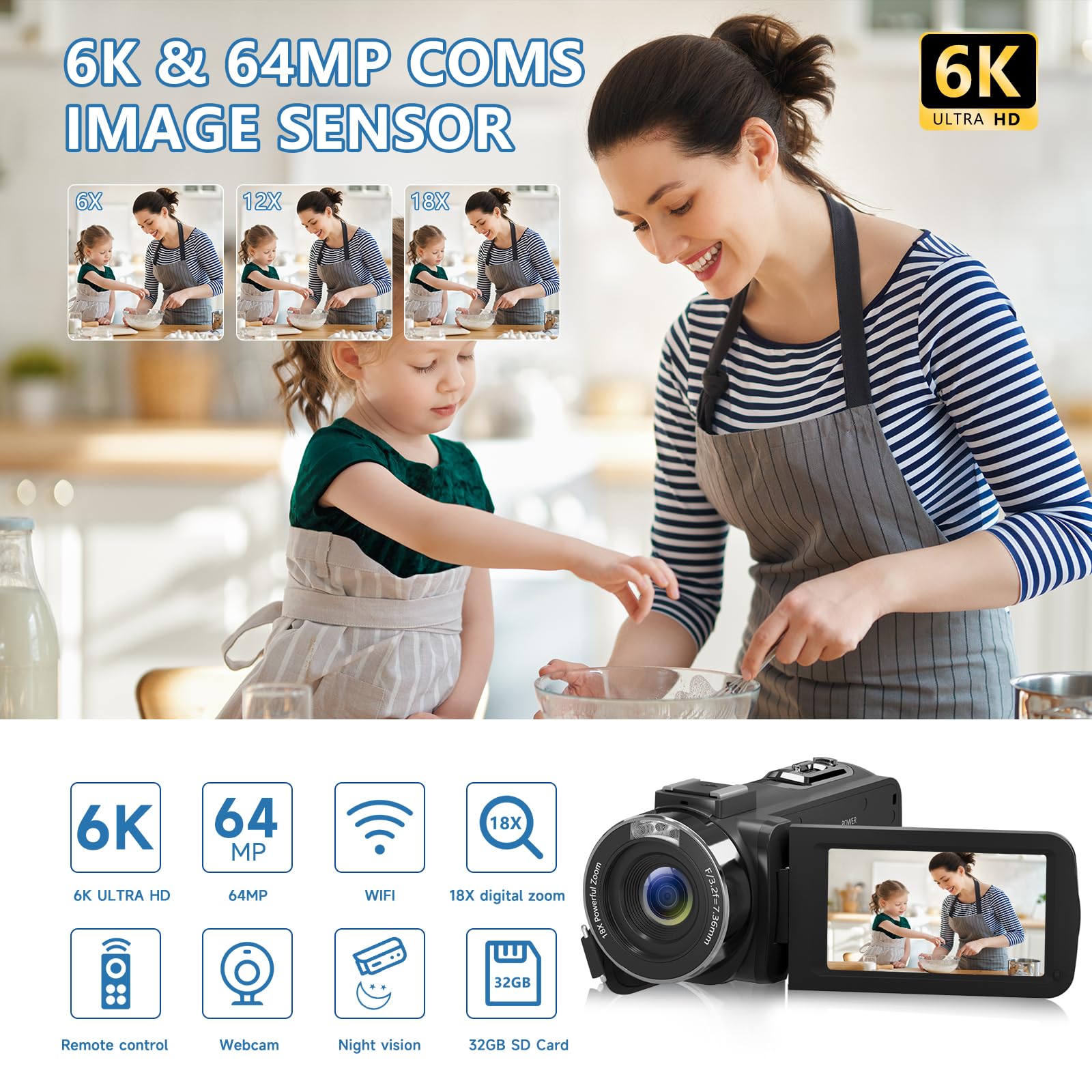 VETEK Videocamera 6K 64MP UHD WiFi Vlogging Telecamere per YouTube Zoom digitale 18X Visione notturna IR 3.0 '' Touch Screen Camcorder con scheda da 32 GB, microfono, telecomando, due batterie