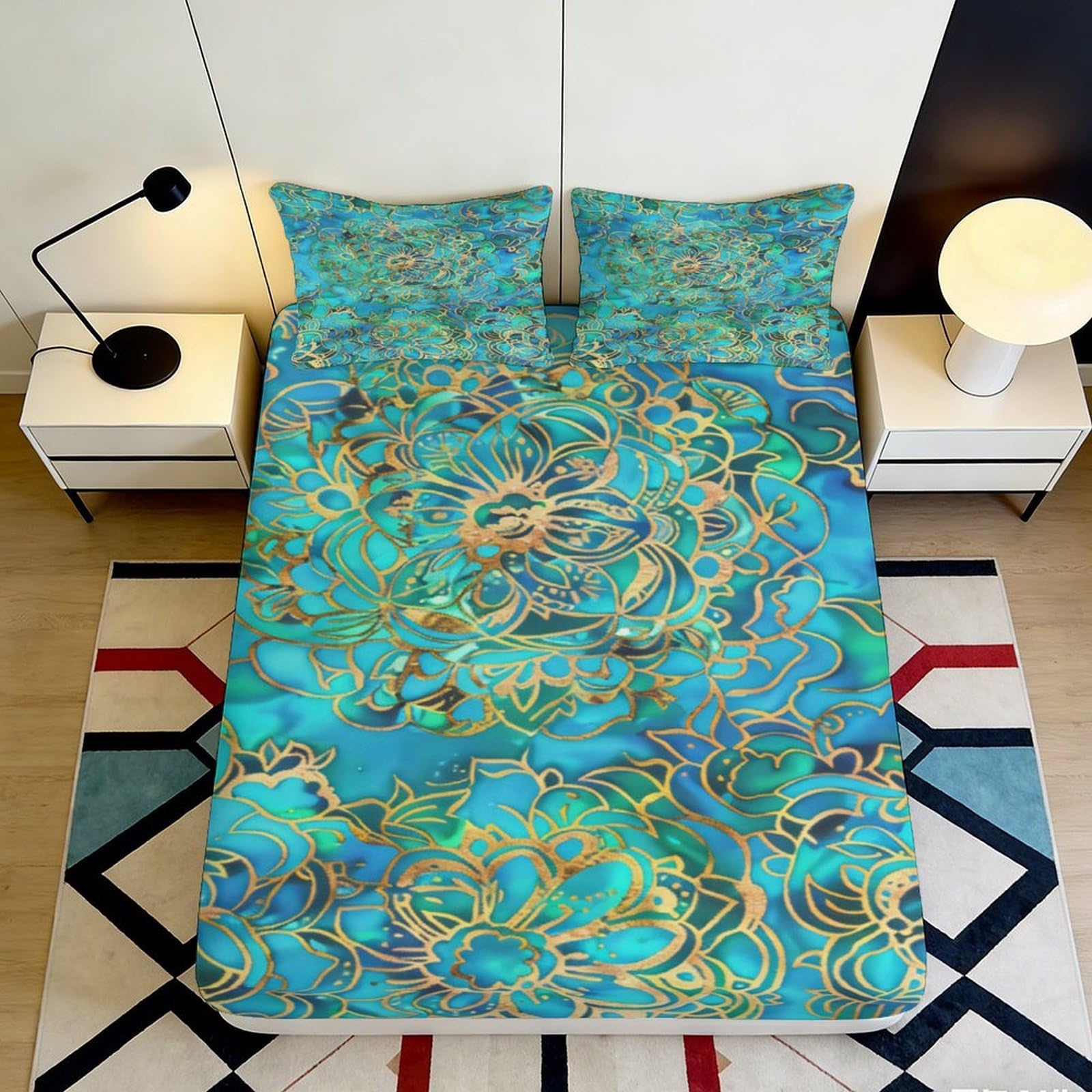 Pnayamiorkfel Style-2 3D Printed Turquoise Mandala Fitted Sheet Microfiber Soft Breathable Gold Floral Bed Cover For Bedroom Dorm Decor 90X200x25cm