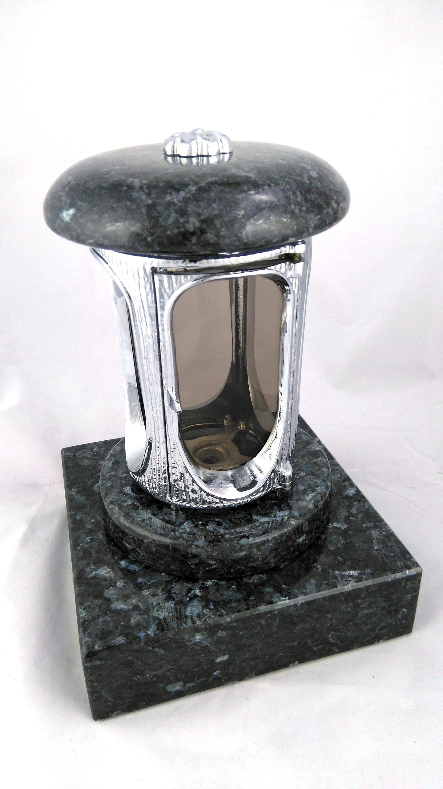 Designgrab Grablampe Mit Granit Sockel – Höhe 22 Cm, Durchmesser 15 Cm, Sockel 20x20x5 Cm, Verchromtes Aluminium, Witterungsbeständig