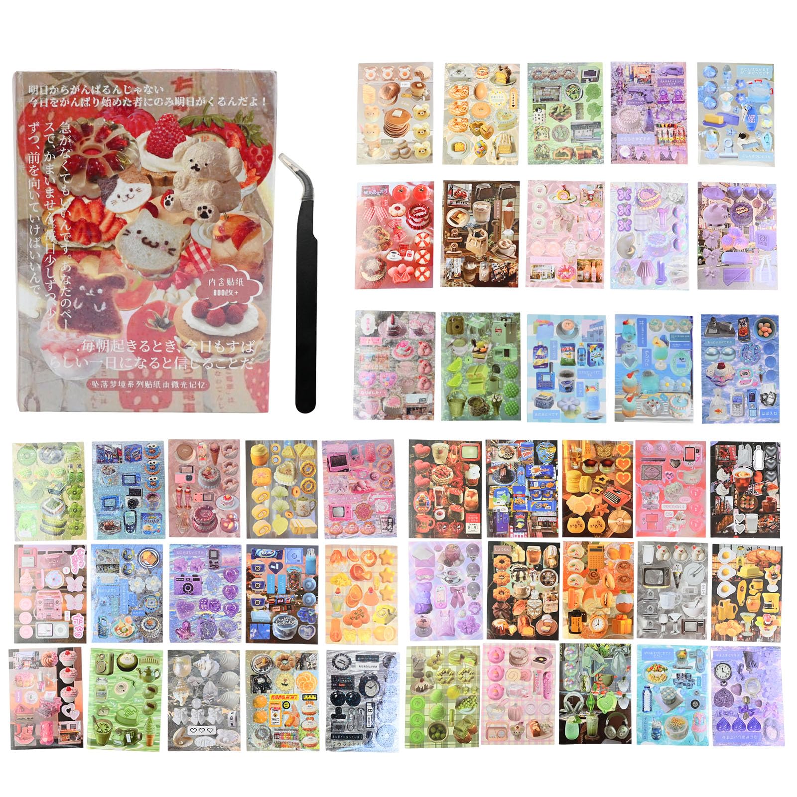 Japanese Manga Style Sticker Book,45 Sheets with 800+ Retro Aesthetic Stickers with Tweezers for Scrapbooking, Journaling, DIY Crafts, and Planner Decoration for Adults (Style D)