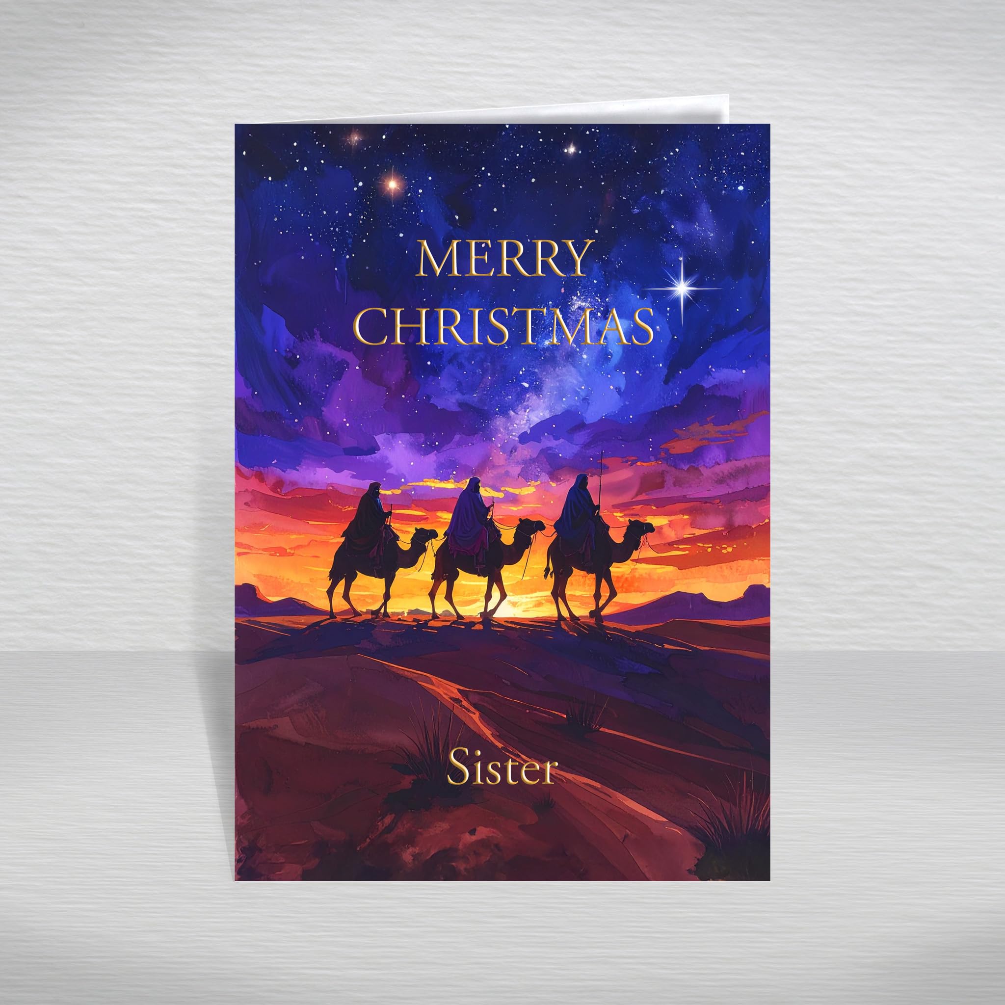 Religious Christmas Card for Sister, Female Relative – Christian/Catholic Theme of Three Wise Men Following the Star to Bethlehem, A5 Luxury Greeting with Verse: Sister Christmas Card — image 1